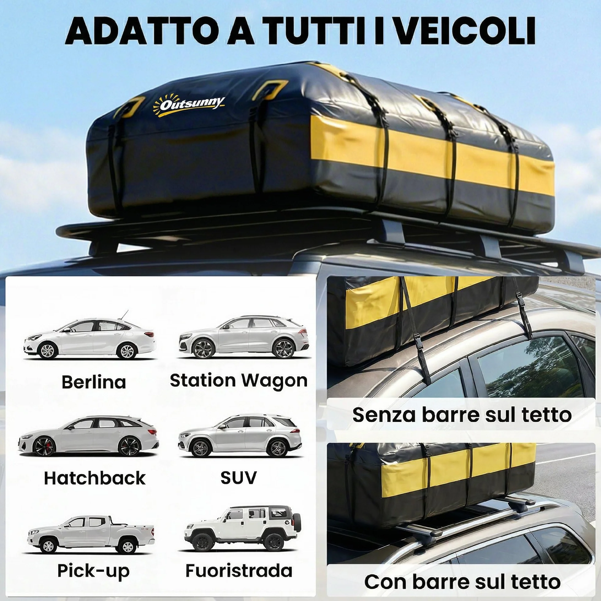 Outsunny Portabagagli da Tetto 595 Litri Impermeabile, Borsa da Tetto Auto con 6 Cinghie Rinforzate, Tappetino Antiscivolo e Ganci per Portiere, Adatto a Tutti i Veicoli con o senza Barre, Giallo