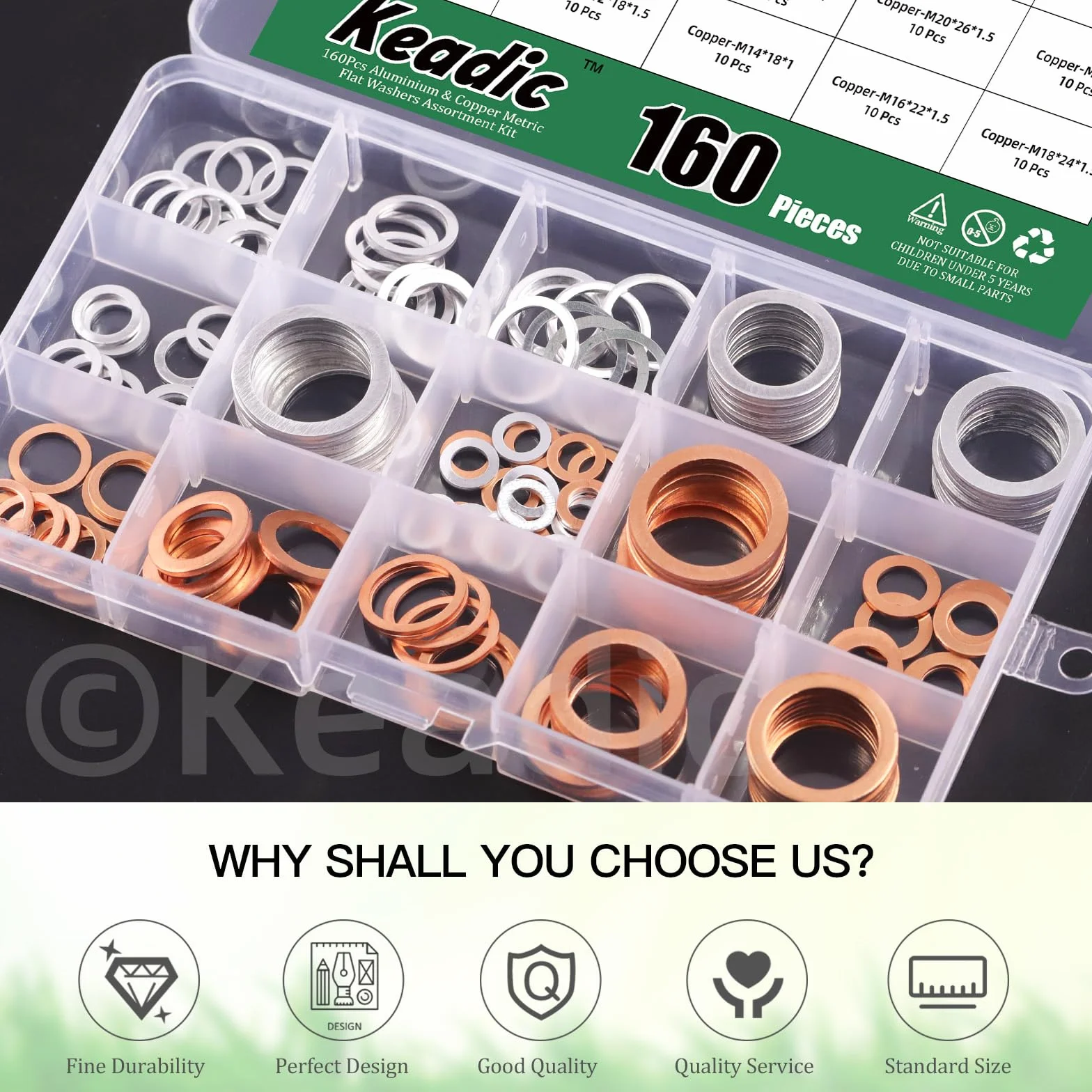 Keadic 160 pezzi, 16 misure, olio di scarico Plug Crush Washer Assortment Set, Copper & Aluminum Flat Gasket Seal for Cars Track and Motorcycle, M6 M8 M10 M12 M14 M16 M18 M20