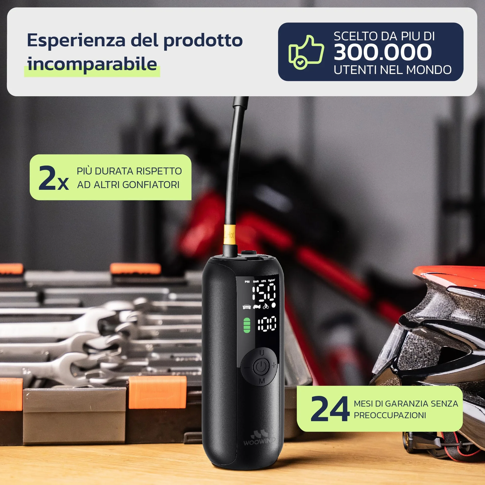 Woowind Compressore Aria Portatile 150PSI Pompa Elettrica per Bicicletta con Spegnimento Automatico Schermo LCD Luce LED