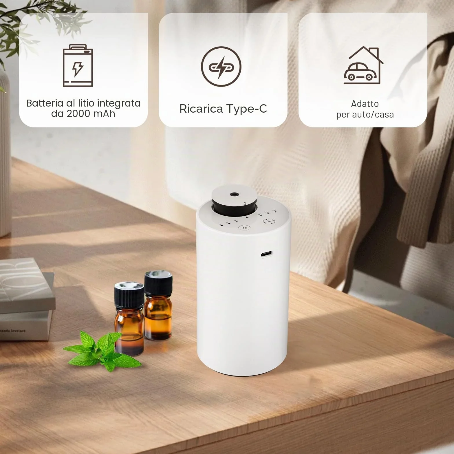 UrbanHomes Diffusore per aromaterapia auto portatile oli essenziali senza acqua spruzzatore automatico fragranze Bianco