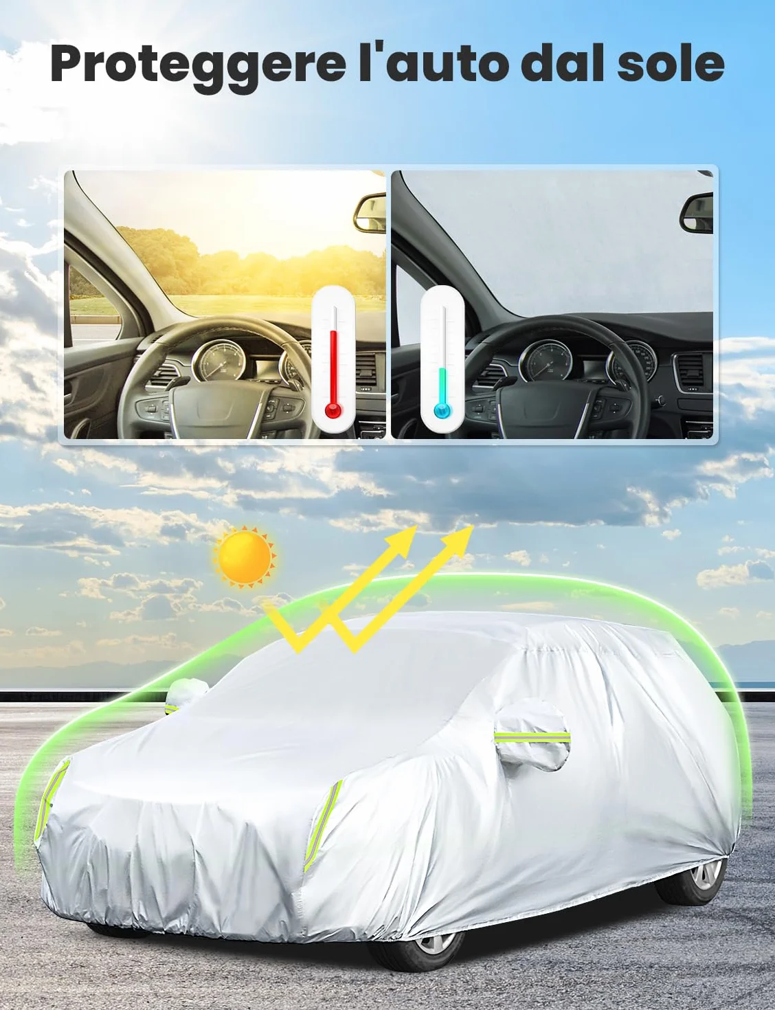 LOETAD Telo Copriauto, Felpato Impermeabile Antipolvere Anti UV Anti Vento 435 x 180 x 160cm Telo per Auto a 2 Volumi Universale Interno in Cotone - Argento