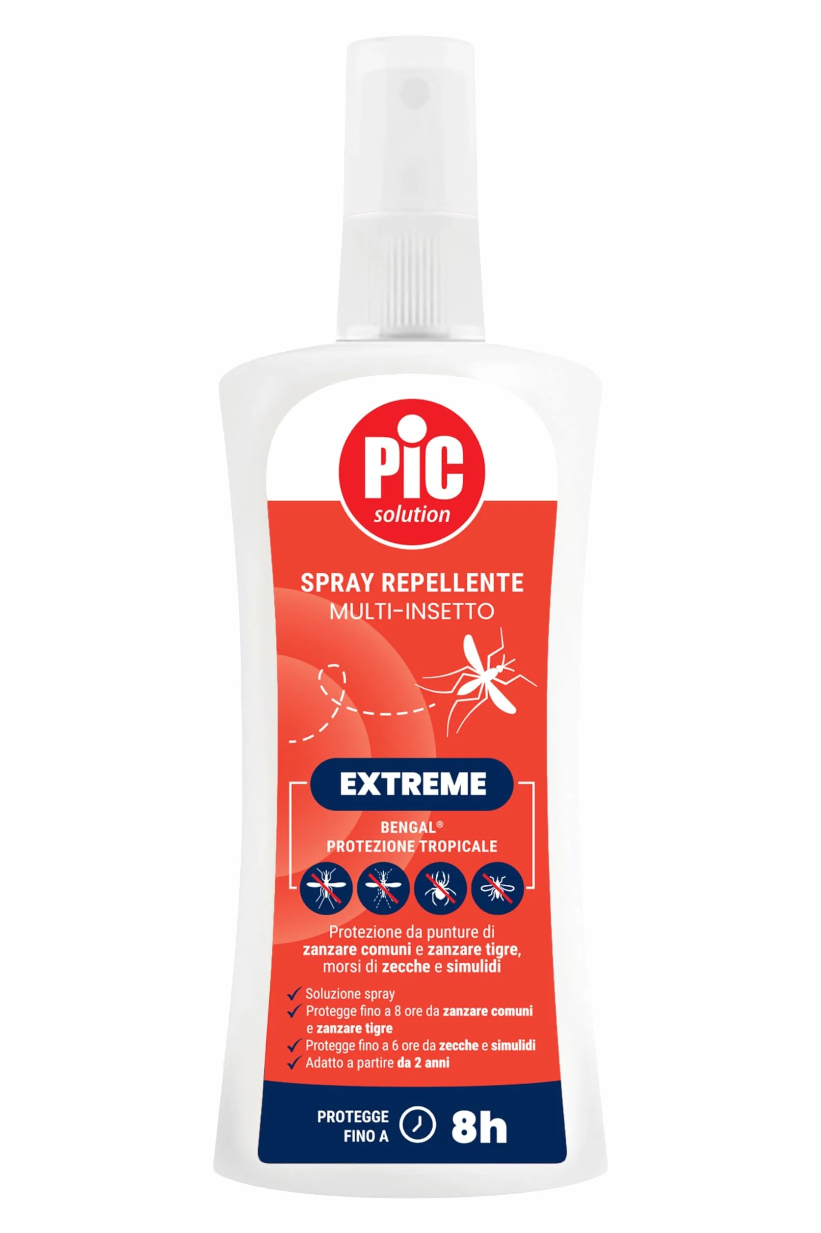 Pic Solution Spray Antizanzare Comuni, Zanzare Tigre, Tropicale, Zecche e Simuldi, Repellente Bambini 2+ Adulti 100 ml