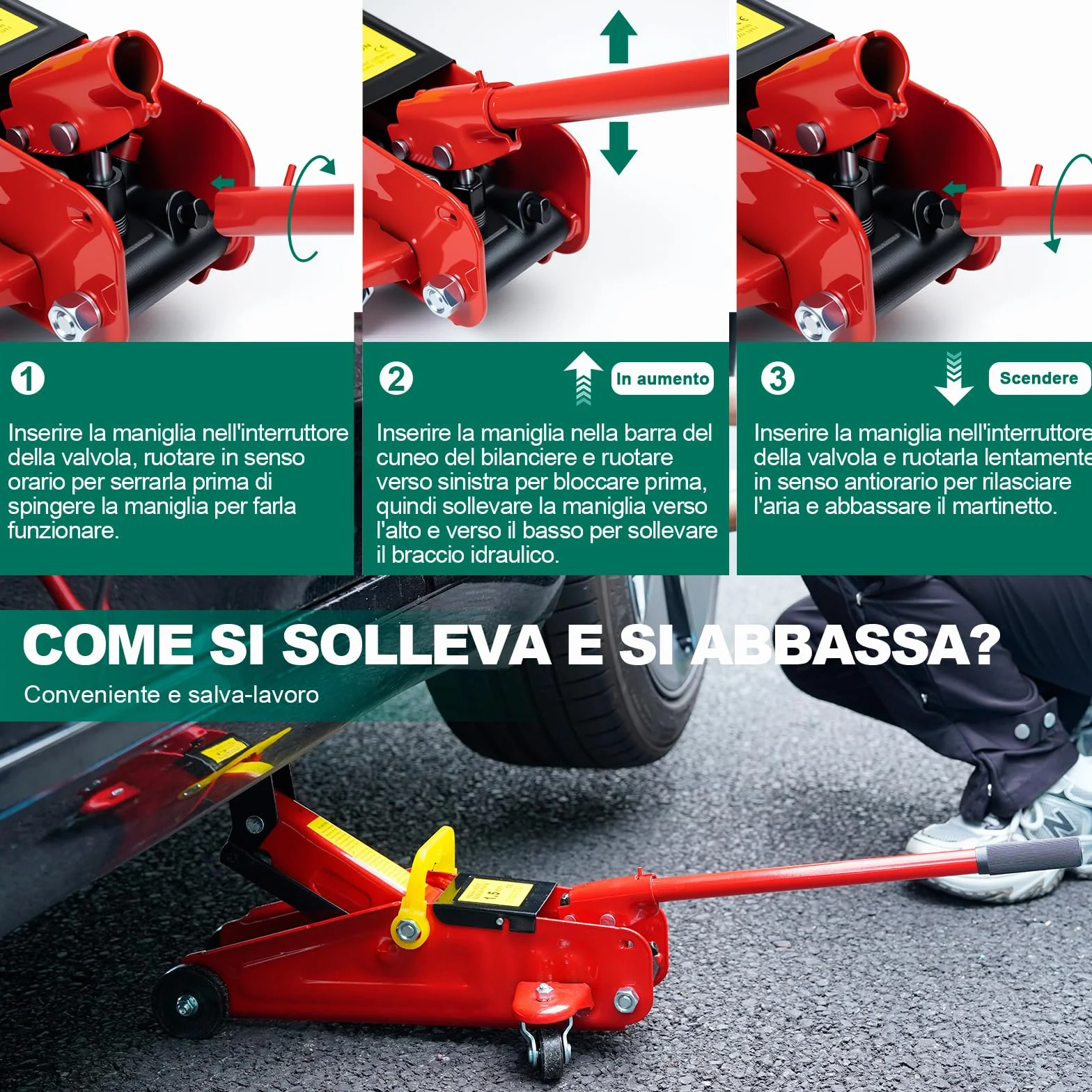 HYCHIKA Cric da corsa in acciaio 1.5 tonnellate con pompa a pistone idraulico