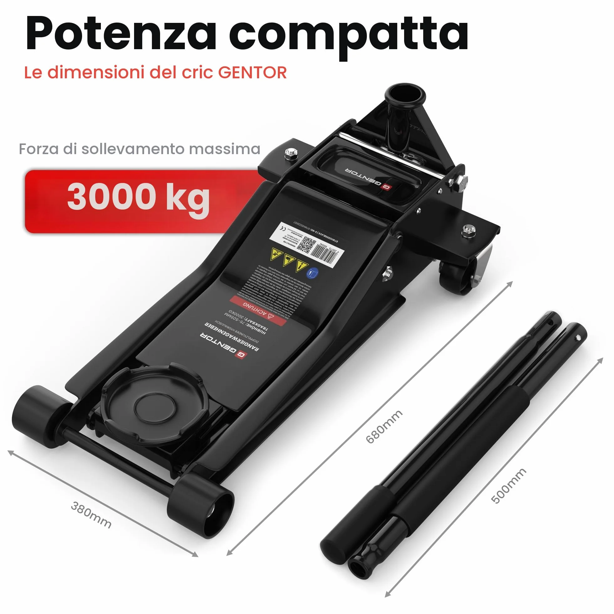Cric Idraulico 3T 75 505 mm Professionale Auto SUV Sollevatore Pesante Ruote 360° Nero