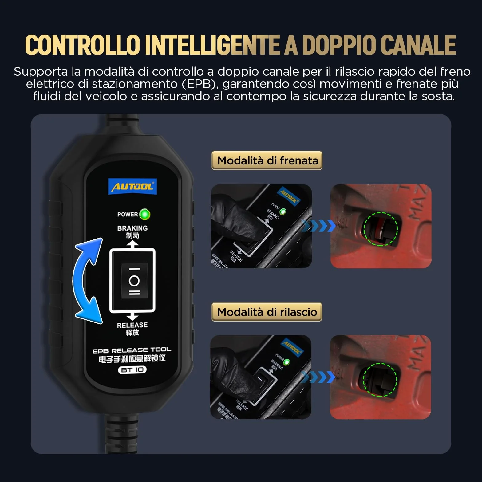 AUTOOL BT10 EPB - Strumento di rilascio del freno a doppio canale e controllo di retromarcia per rilascio e ripristino elettronico del freno di stazionamento, salvataggio stradale di emergenza