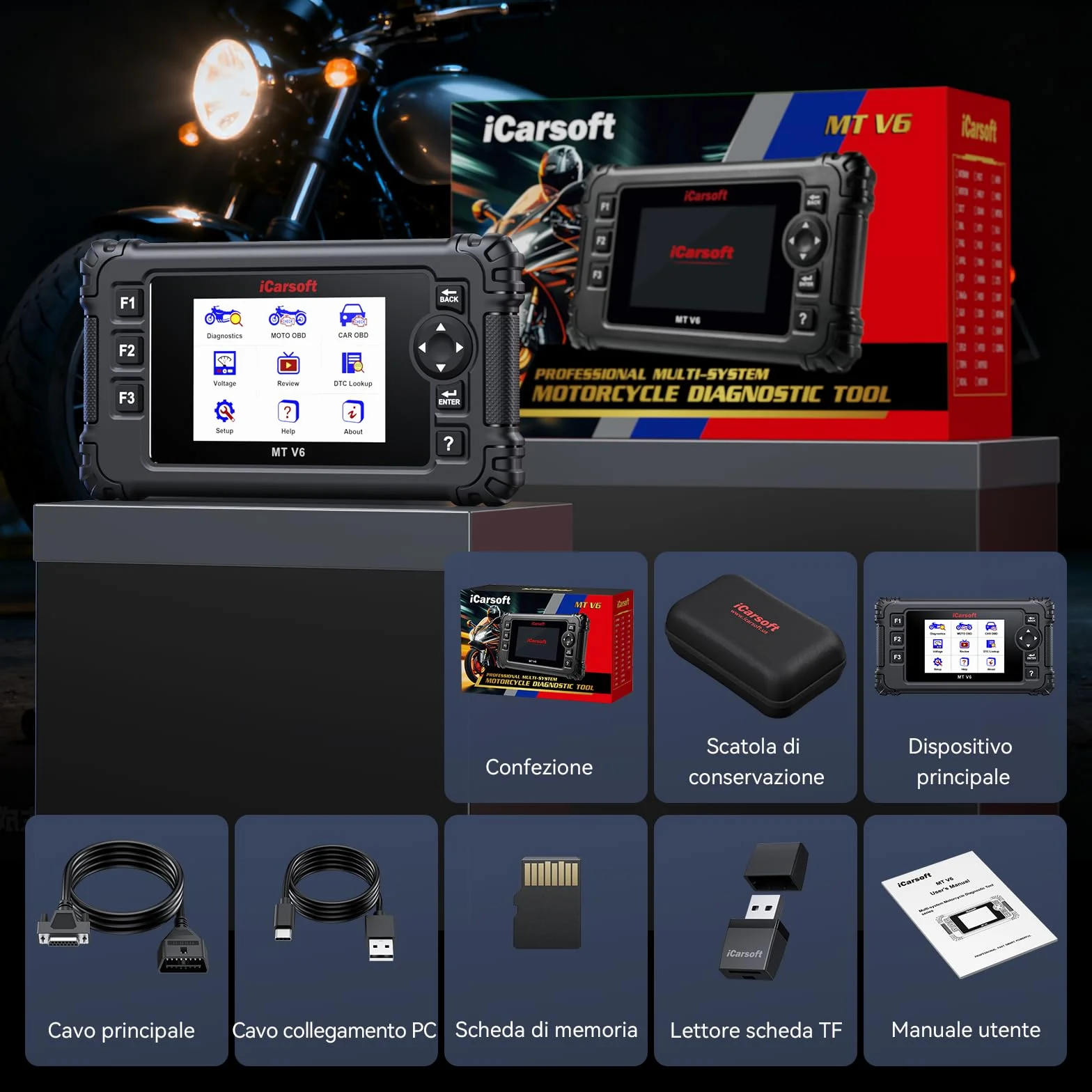 iCarsoft MT V6 Scanner diagnostico moto Triumph OBD2 58 servizi manutenzione 55 test bidirezionali