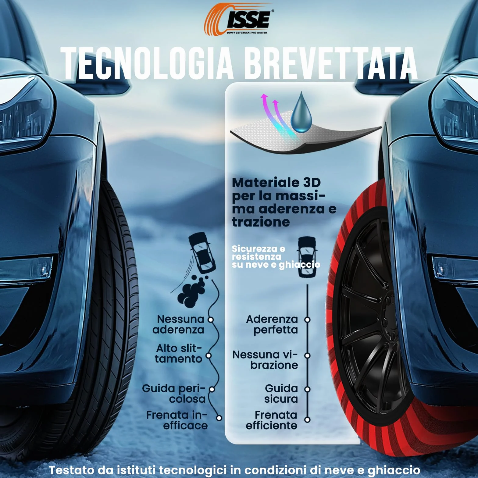 ISSE Calze da Neve Omologate Italia EN 16662-1 – 2 Catene da Neve in Tessuto per Auto Facili da Installare - Resistenti - Guanti Inclusi T70