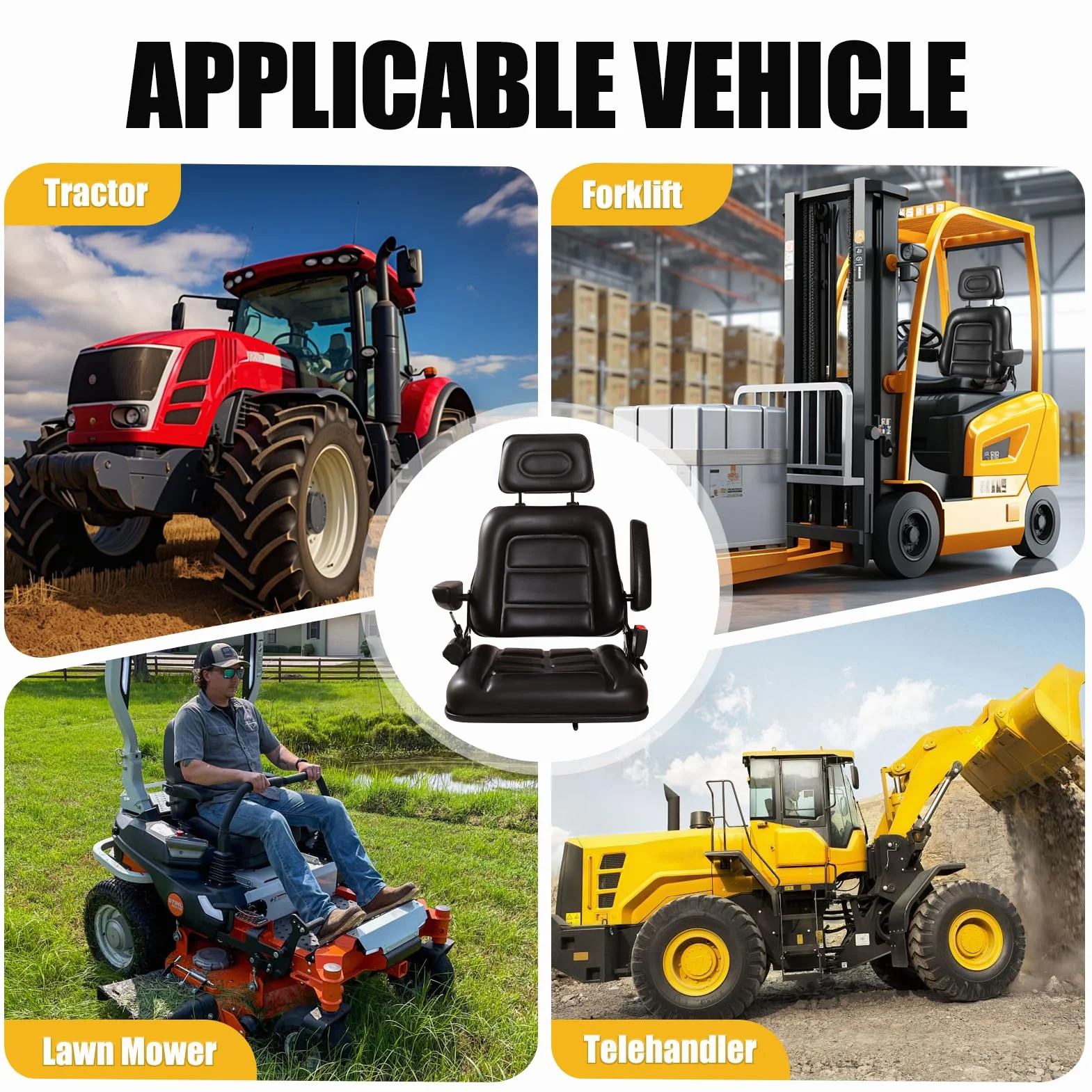 Sedile universale per carrello elevatore, sedile trattore con braccio e schienale regolabile, sedile impermeabile in poliuretano, per escavatori trattori, carrello elevatore, pale compatta