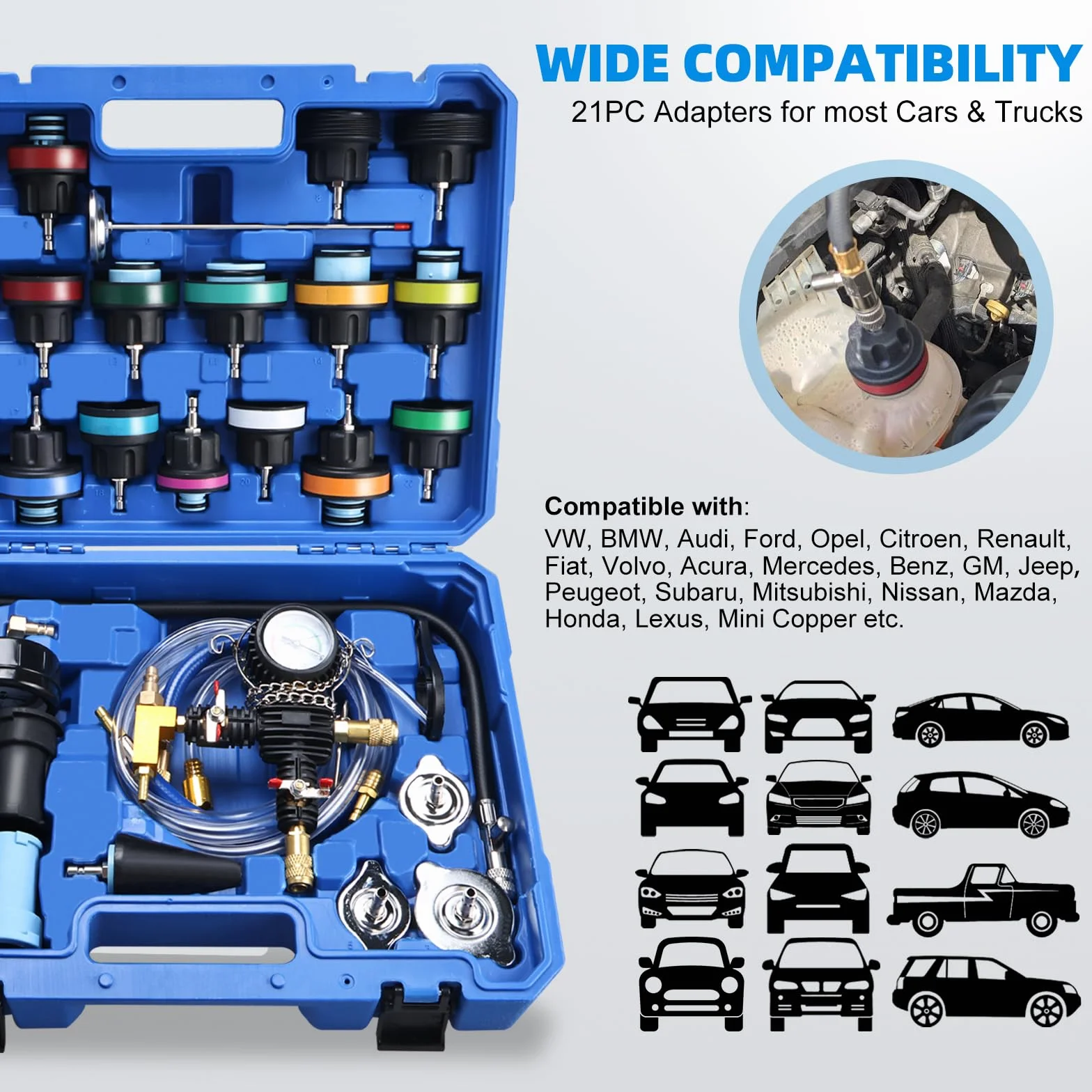 FreeTec 28pz Tester Pressione Radiatore, Universale Tester Impianto Raffreddamento con Kit Spurgo Liquido Refrigerante, Prova Pressione Radiatore Ricarica a Vuoto per Acqua Raffreddamento Auto