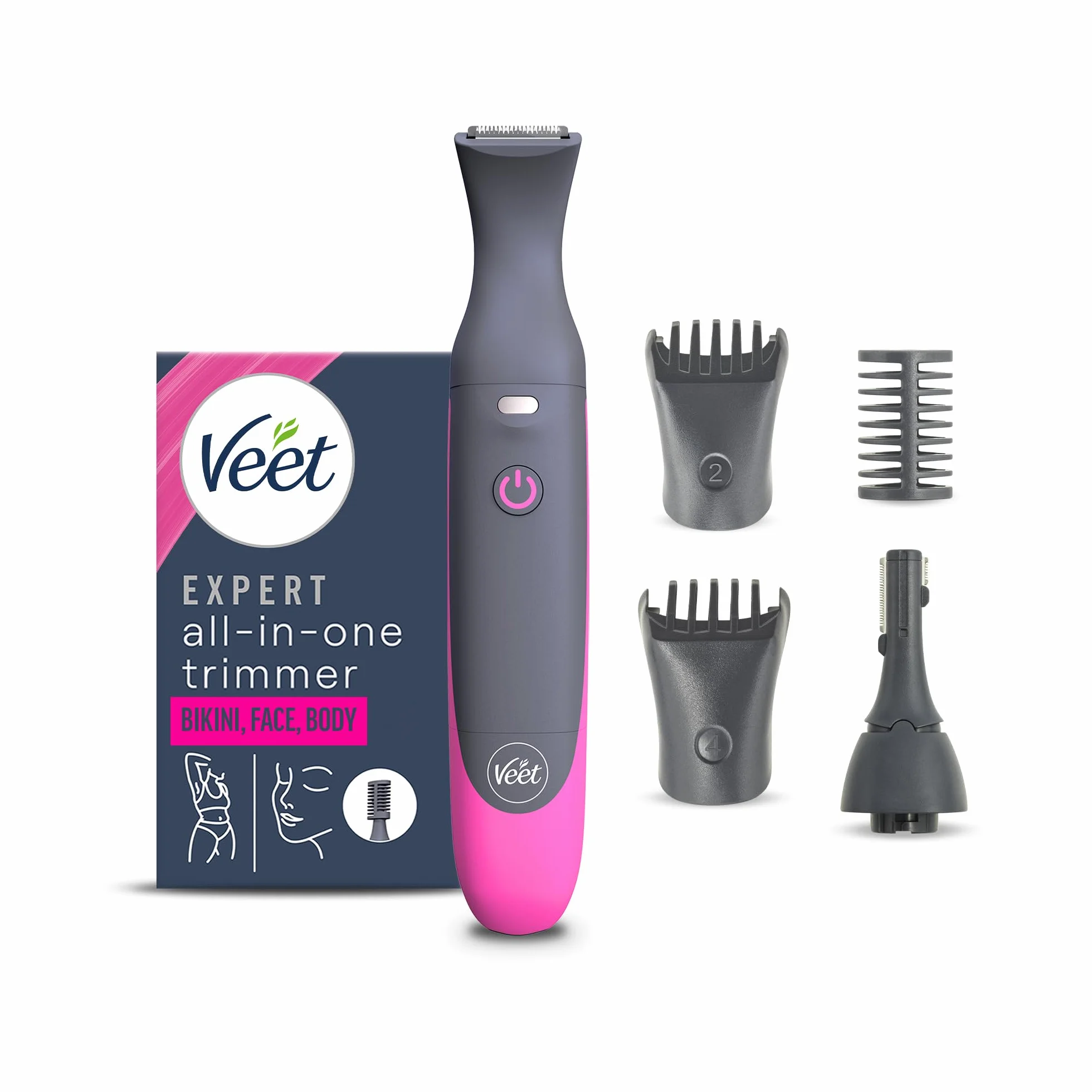 Veet Expert All-In-One Trimmer, Rasoio Elettrico Donna Viso Parti Intime, Epilatore Elettrico Donna 100% Waterproof Cordless