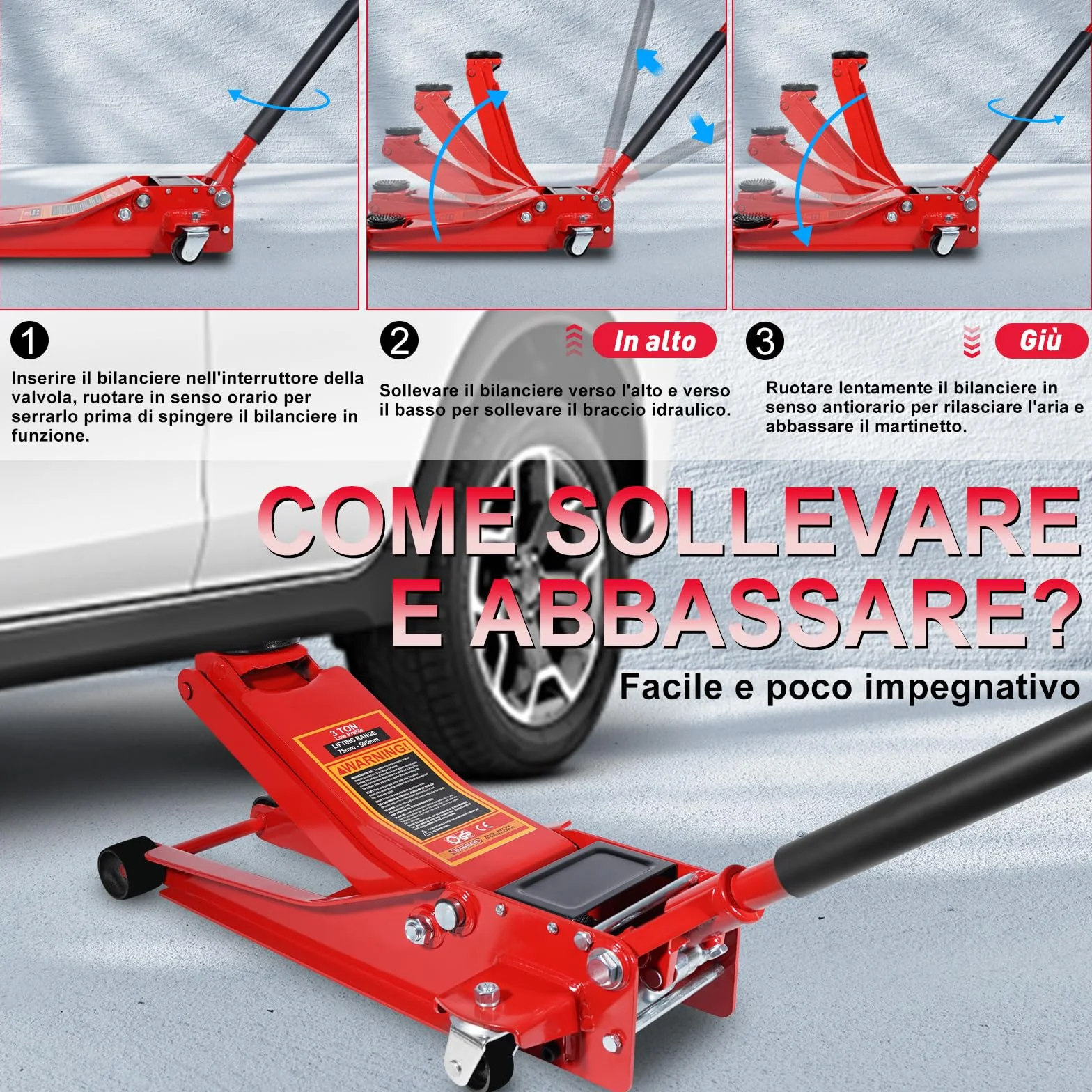 HYCHIKA Cric a carrello da corsa in acciaio,ultra basso profilo con pompa a sollevamento rapido a doppio pistone,capacità 3 tonnellate