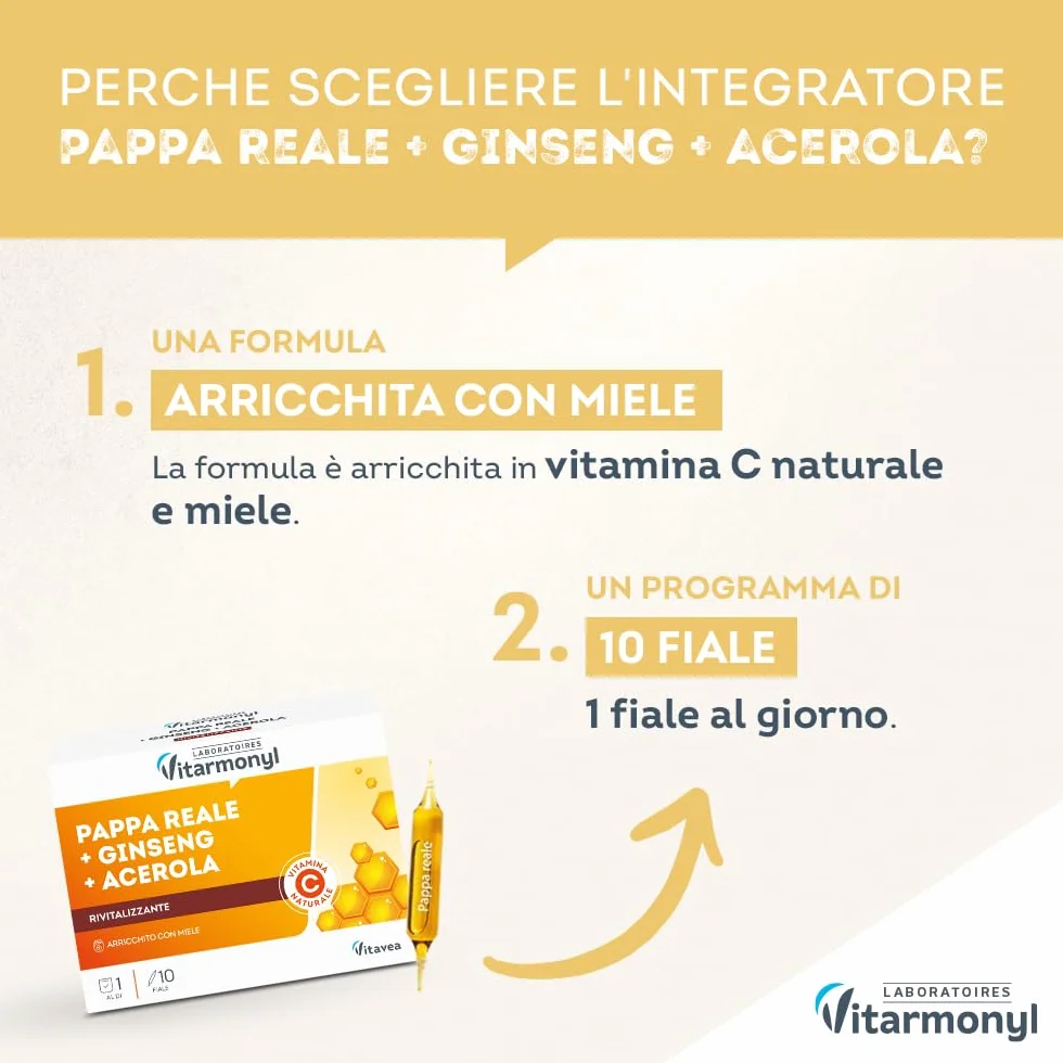 Nectar Royal Pappa Reale Ginseng Acerola Integratore Energia Sistema Immunitario Vitamina C 10 Fiale Vitarmonyl