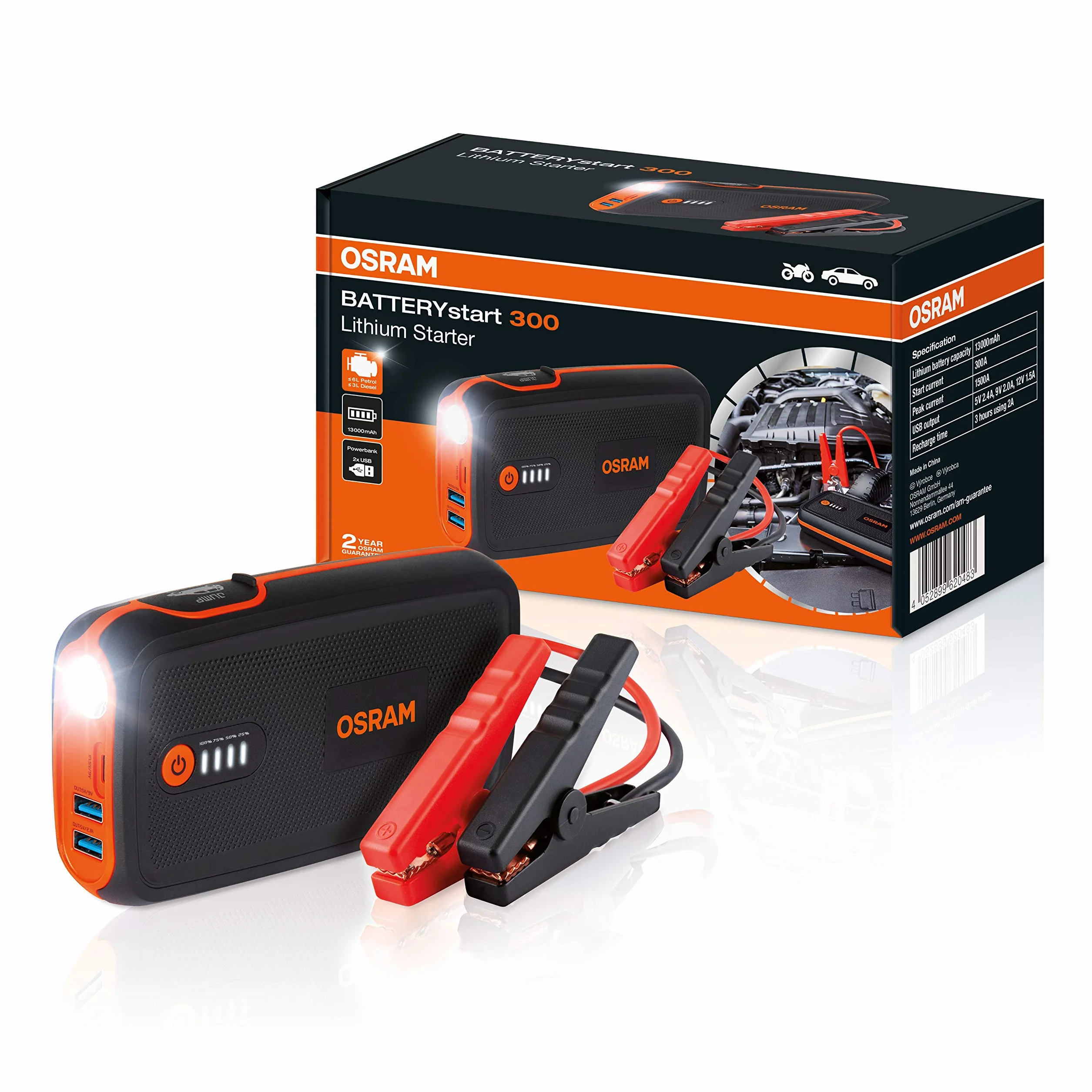 OSRAM BATTERYstart 300, avviatore al Litio da 13.000 mAh per Veicoli con Motore a Benzina Fino a 6l e Motore Diesel da 3l