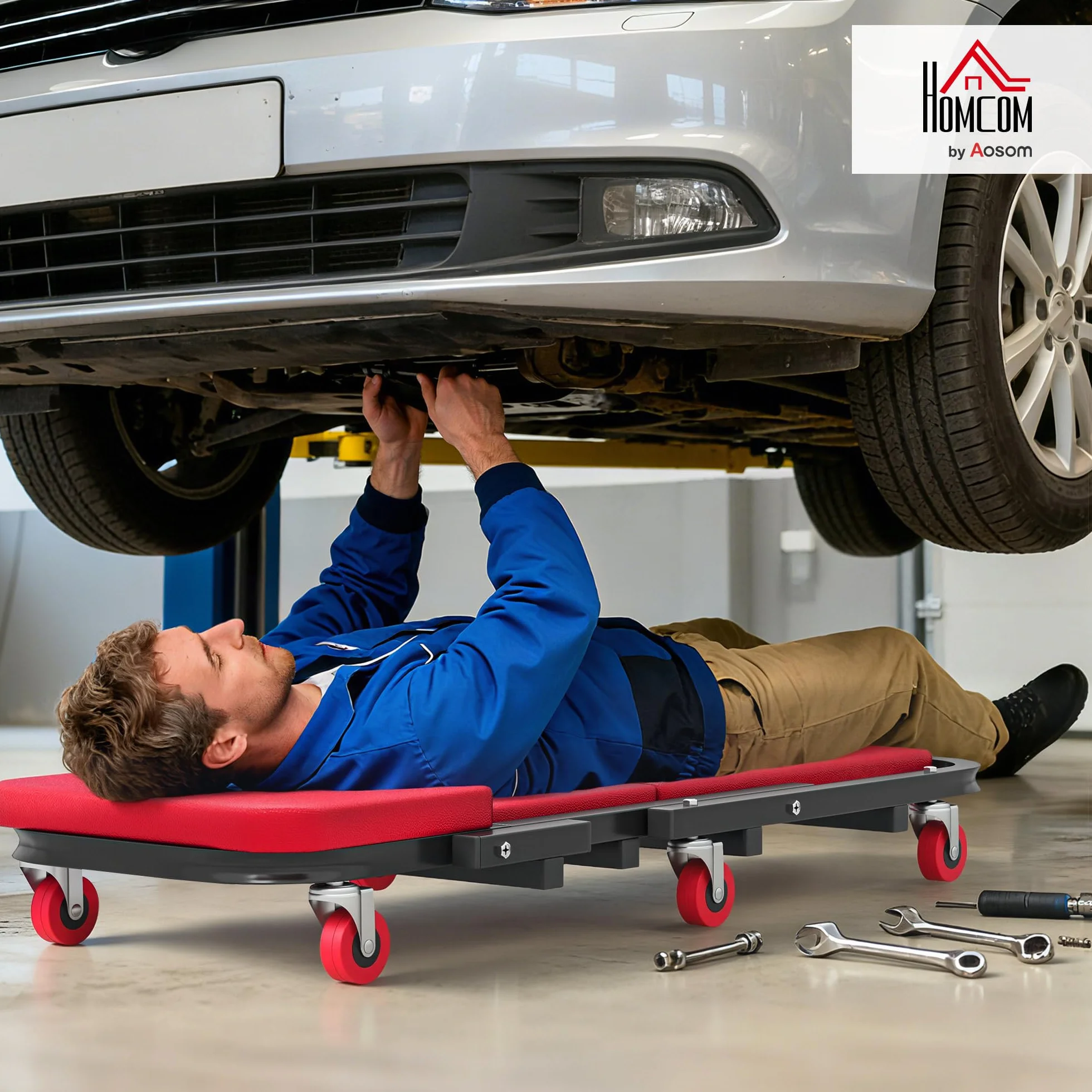HOMCOM carrello di montaggio 2 in 1 Carrello di ispezione per meccanici pieghevole a Z 150 kg di carico, 6 ruote con rotazione a 360°, sgabello da officina con funzione di seduta e sdraiata, per