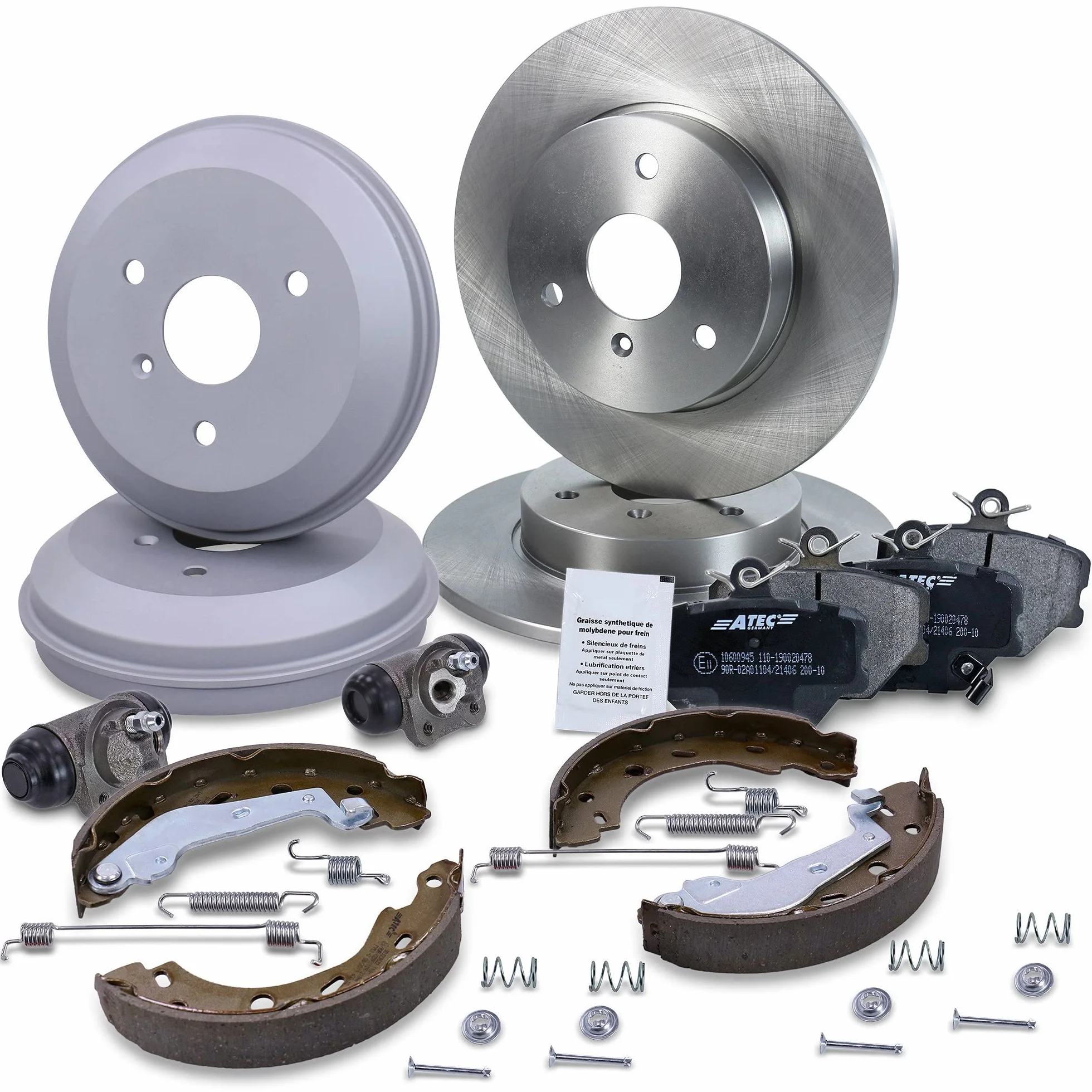 Set di freni BESTPRICE incl. dischi freno anteriori Ø 280 mm pieni + tamburo freno posteriore Ø 203 mm + pastiglie freno anteriori e ganasce freno posteriori + cilindretti freno ruota
