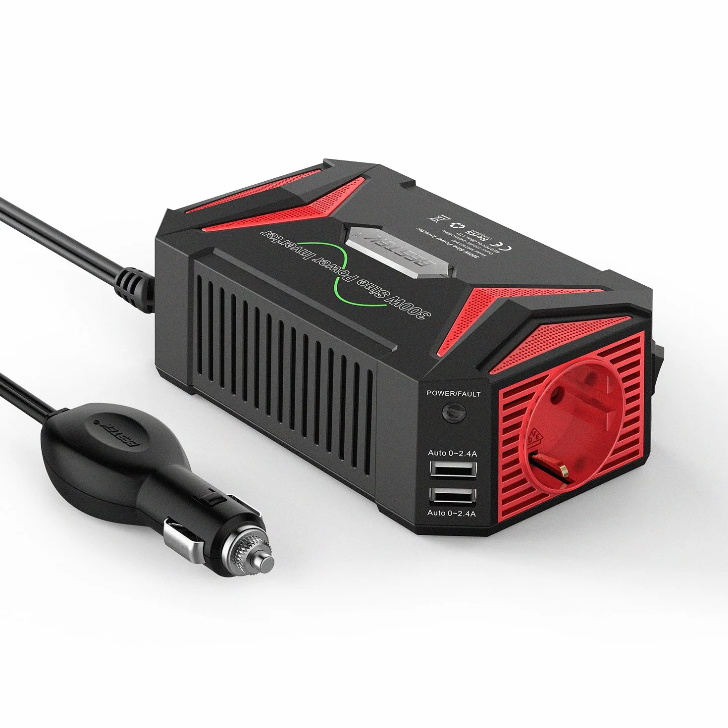 BESTEK Inverter da Auto Onda Pura 300W 12V a 220V con 2 Porte USB Multi Protezioni e Soft Start