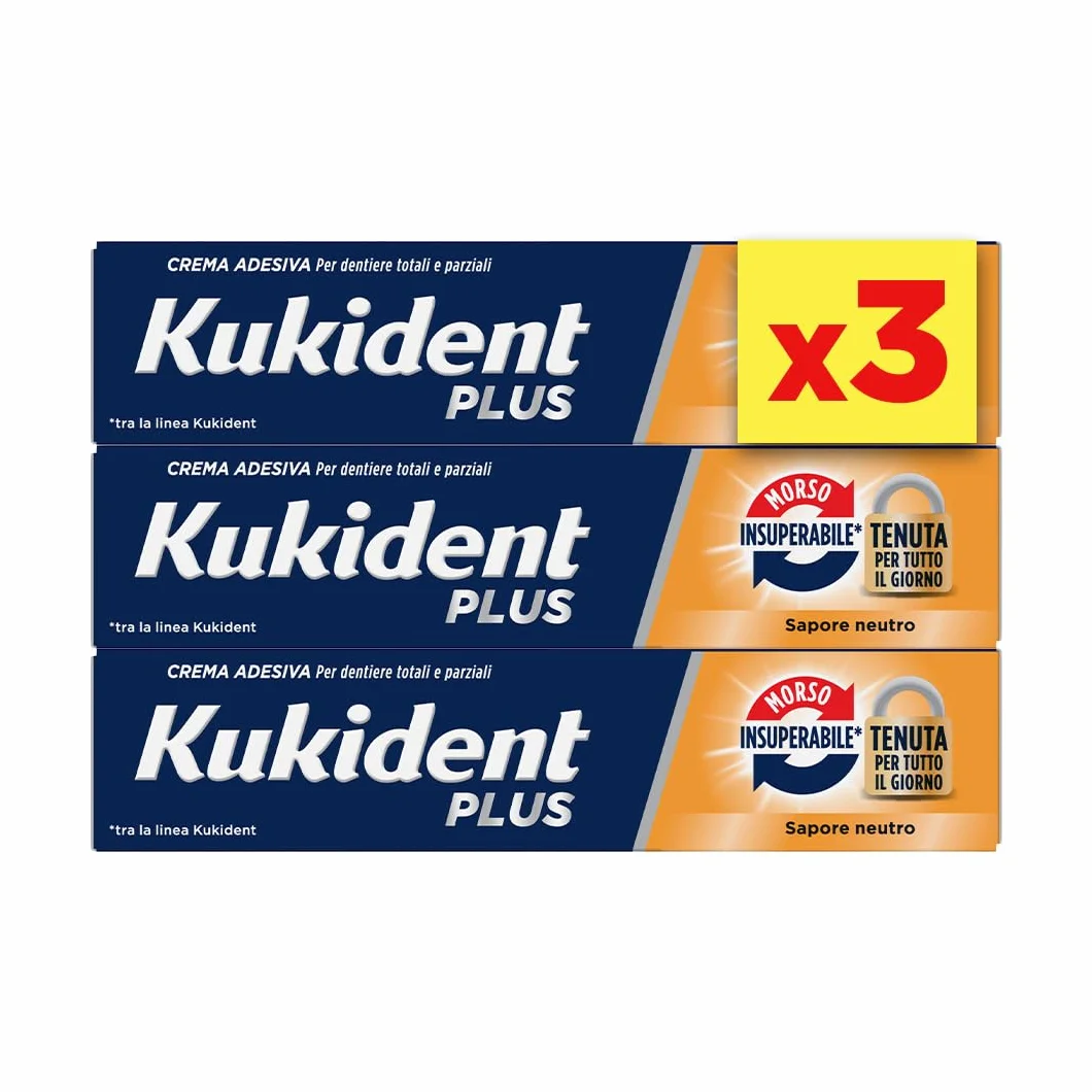 Kukident Plus Morso Insuperabile Crema Adesiva per Protesi Dentali, 3x35g