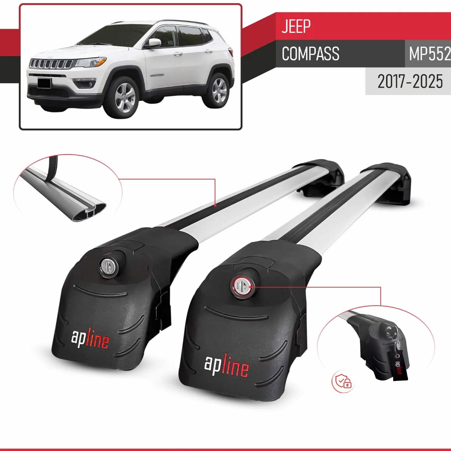 Compatibile con Jeep Compass (MP552) 2017-2025 Modello ACE-2 Barre Tetto Portapacchi Auto Barre Portatutto Grigio Alluminio 2 Barre