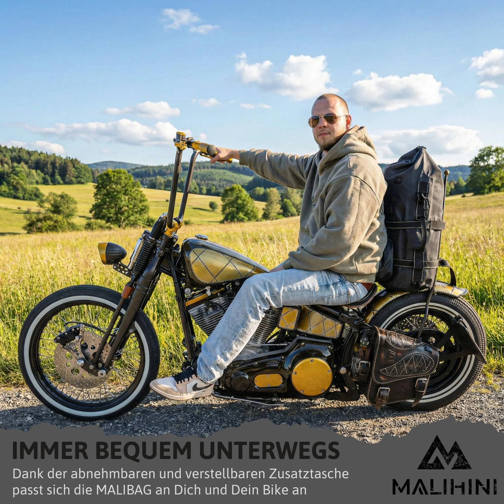 MALIHINI Borsa da moto per sissybar e portapacchi [schienale + MOLLE] 50 l, Dry Bag impermeabile per motociclisti | Sacca e come zaino | Campeggio e borsa da viaggio Bikepacking