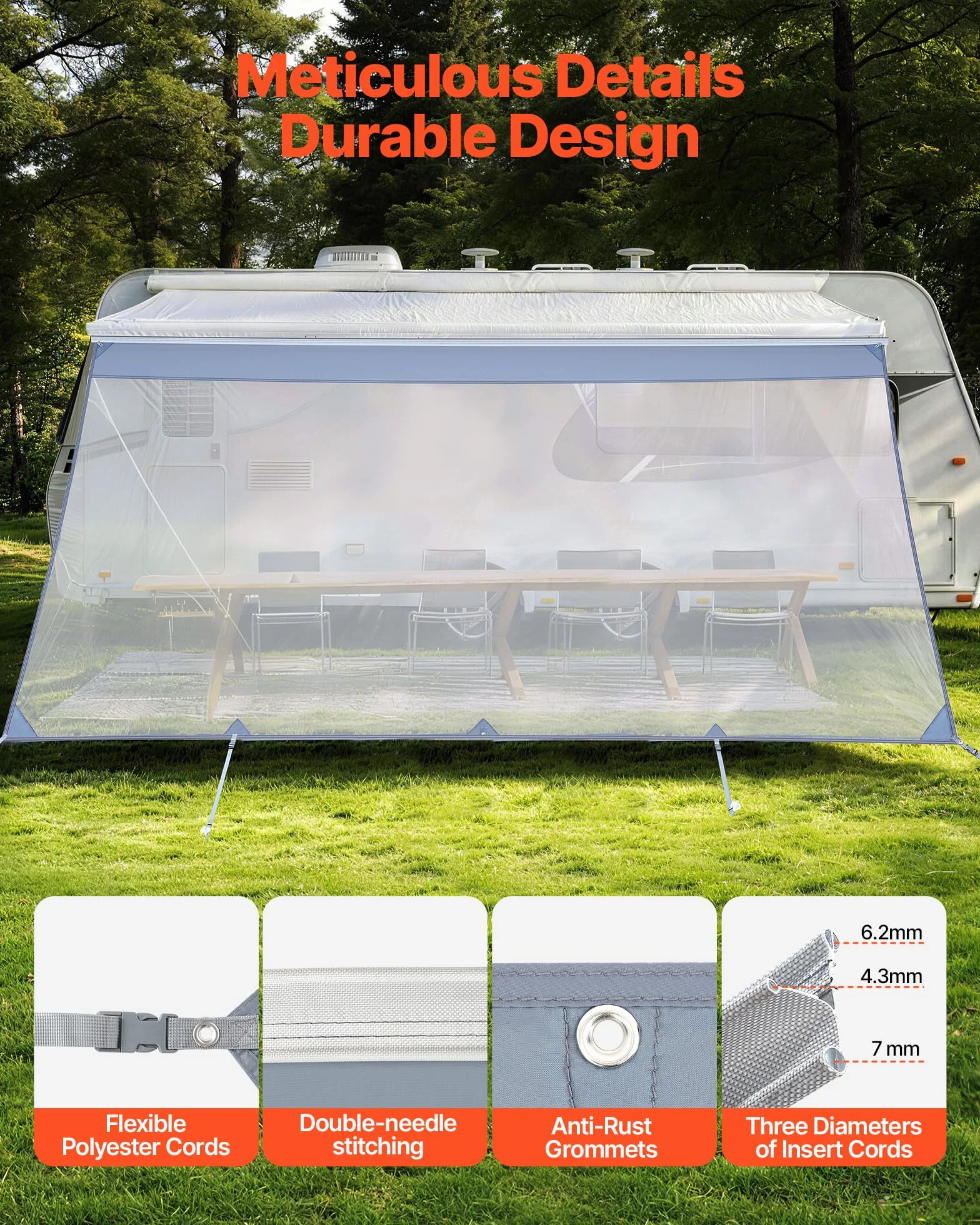 VEVOR Pannello Laterale Frangisole in Poliestere Trasparente Parete Frontale per Camper Roulotte 2x4,3m Compatibile per Tenda da Sole 4,5m