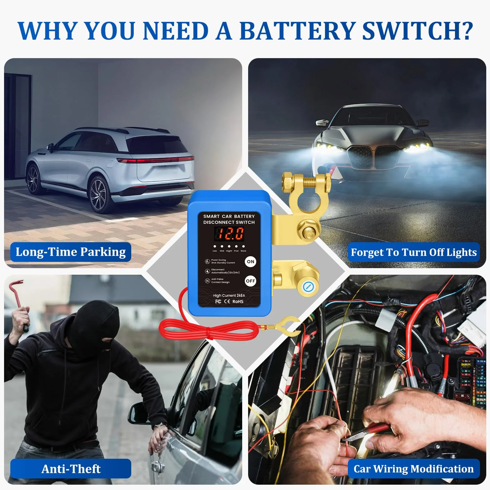 Interruttore di batteria telecomandato senza fili, tazza circuito batteria 12 V 240 A telecomando, interruttore di spegnimento automatico con display a LED per 12 V auto campeggio auto ATV camion