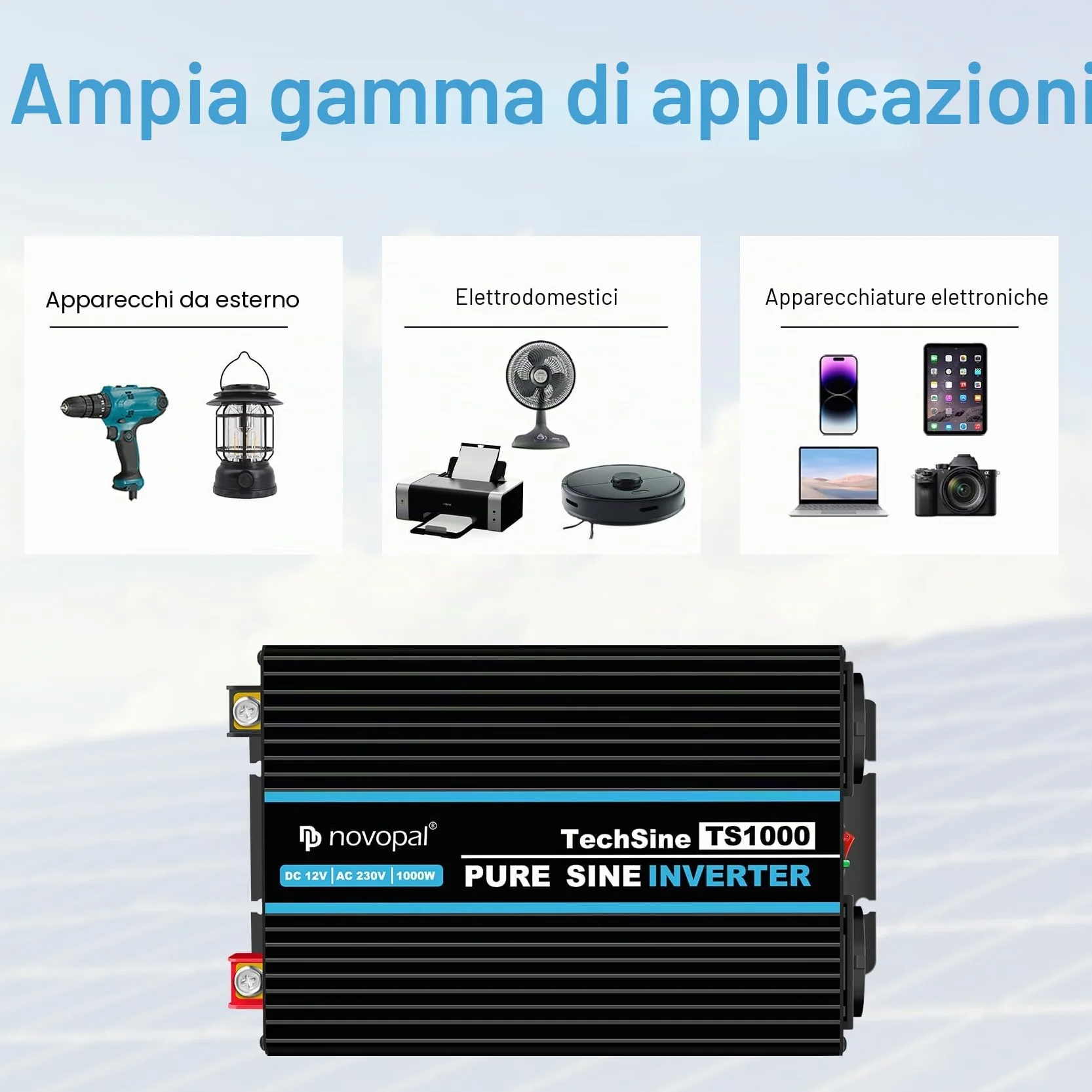 Novopal Inverter di Potenza 1000W Onda Sinusoidale DC 12V AC 220V 2 EU Presa USB Type-C