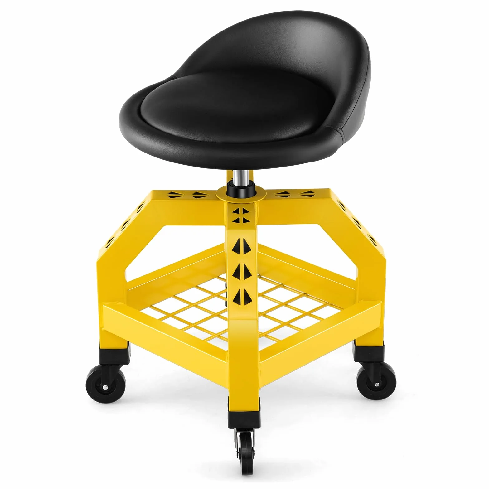 COSTWAY Sgabello da Officina, Sgabello Meccanico Rotante con Vassoio Porta Attrezzi, Regolabile in Altezza e 4 Ruote Universali, Capacità di 150 kg, per Garage, Officina (Giallo)