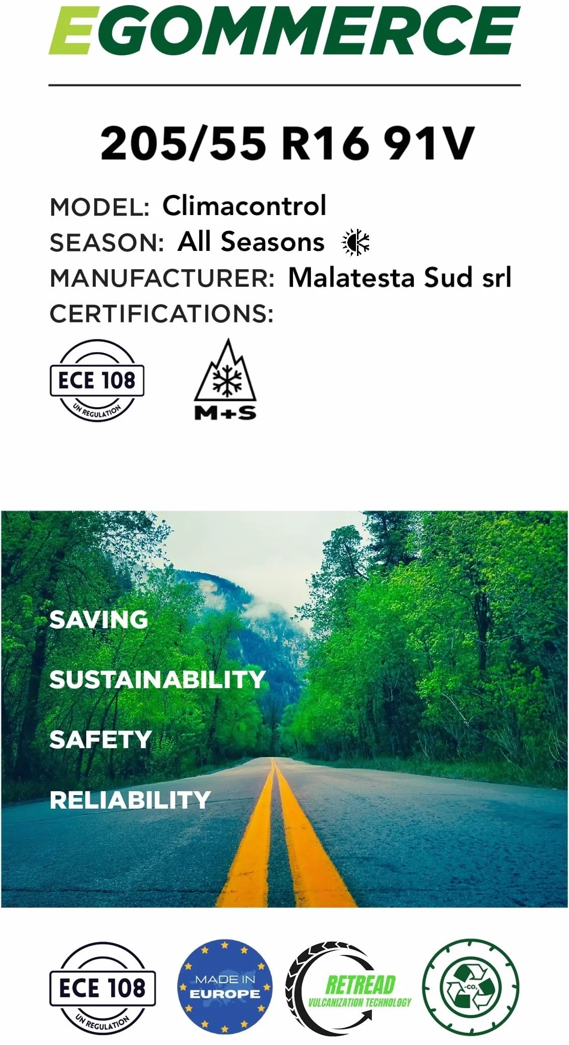EGOMMERCE - Pneumatico Auto CLIMACONTROL 205/55 R16 91 V 4 Stagioni Certificato M+S - Gomme Automobile All Season - Made in Italy ed Ecofriendly - Garanzia 2 Anni