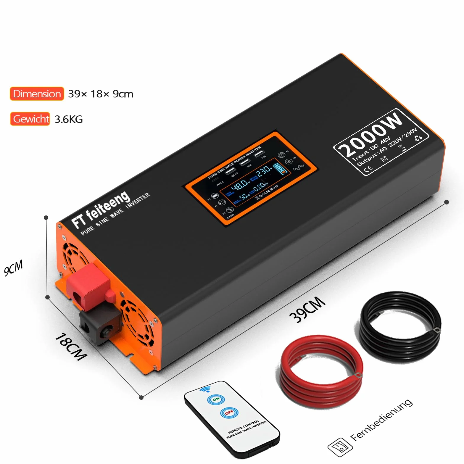 48V 2000W Pure Sine Wave Inverter 48V 220V LCD Display 2 EU Socket 4 USB-C Remote Control for RV Car Camping