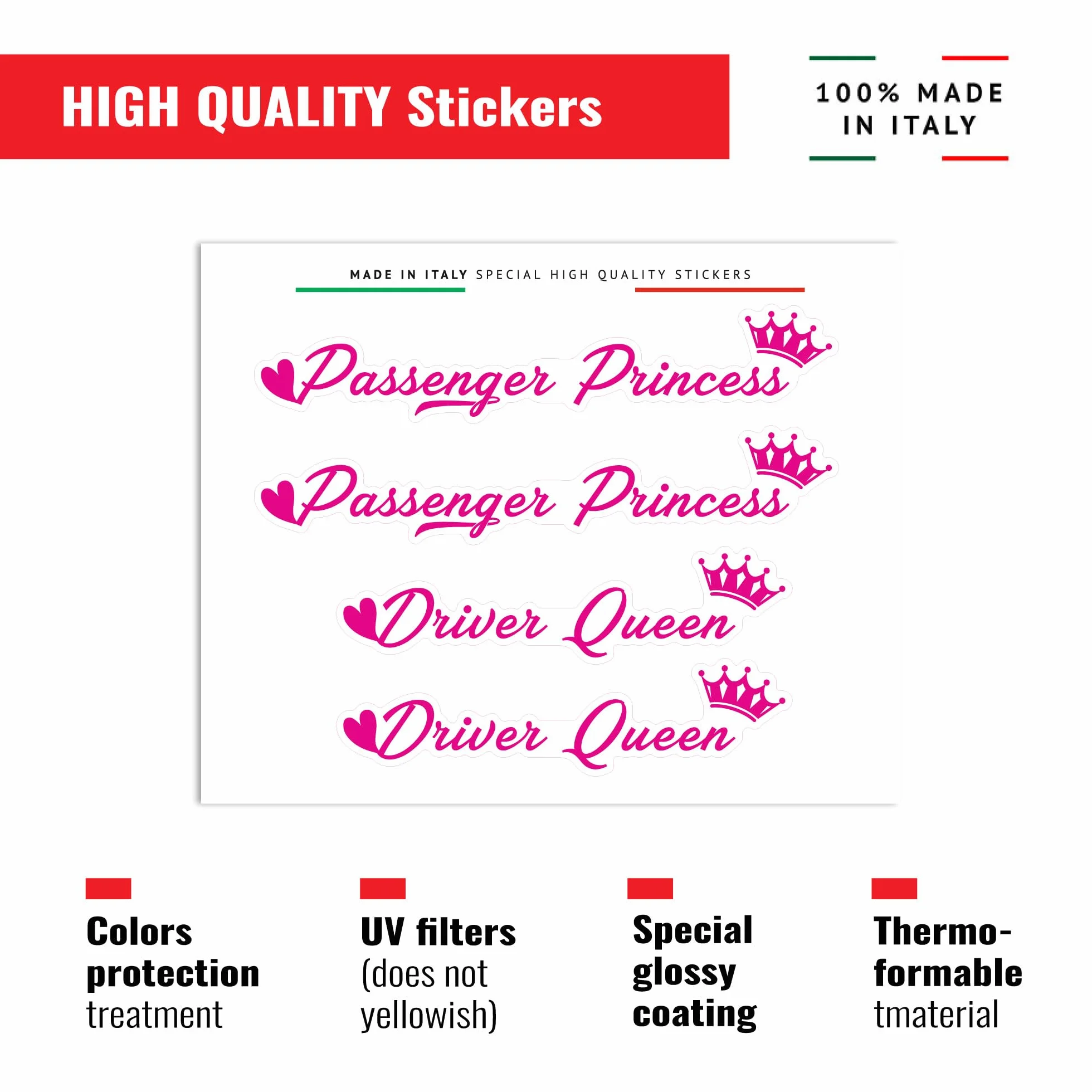 Adesivi Passenger Princess & Driver Queen Set 4 Stickers Decorativi 12 x 9,5 cm Fucsia Made in Italy