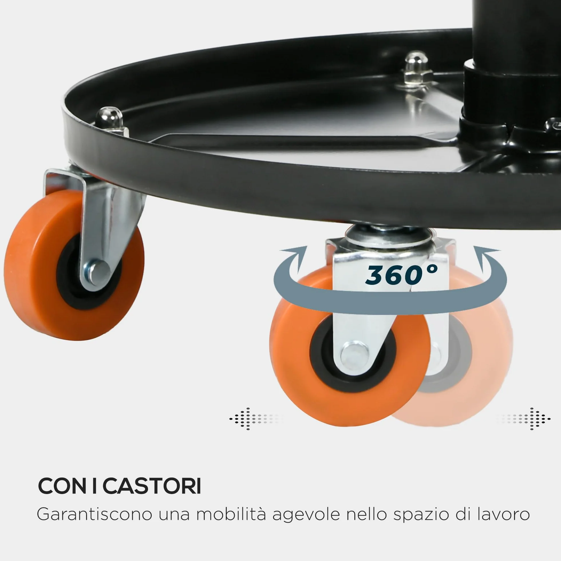 HOMCOM Sgabello da Officina con Ruote e Porta Attrezzi, Altezza Regolabile Girevole 360°, Ø40x38-48cm, Nero