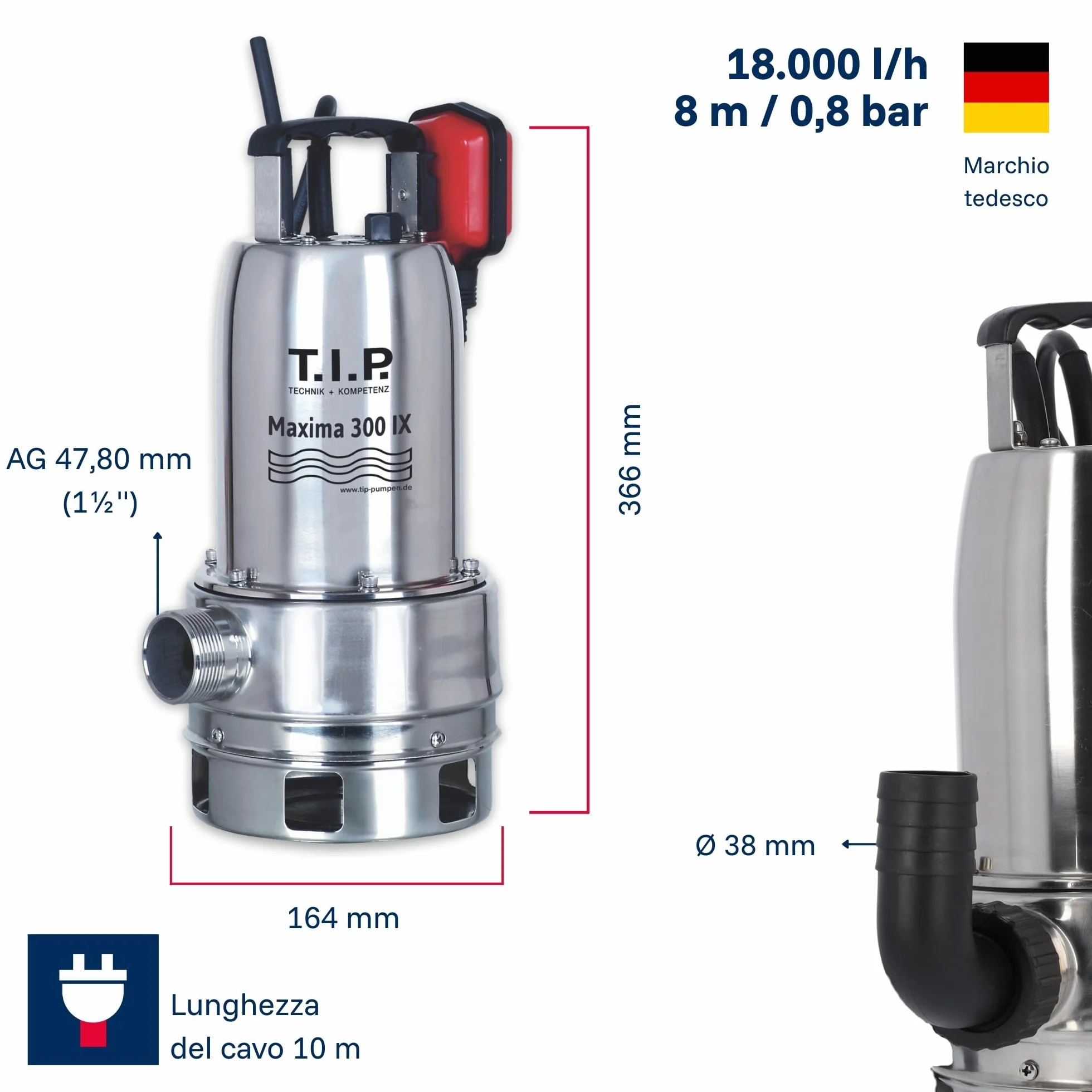 T.I.P. 30116 Maxima 300 IX Pompa sommersa per acque reflue in acciaio inox, fino a 18.000 l/h di portata