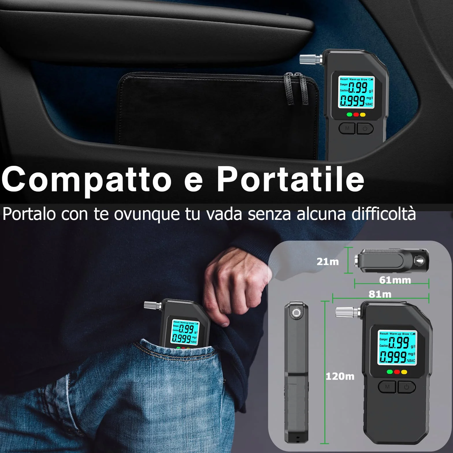 Etilometro Portatile Certificato Professionale Digitale con Display LED 20 Bocchette