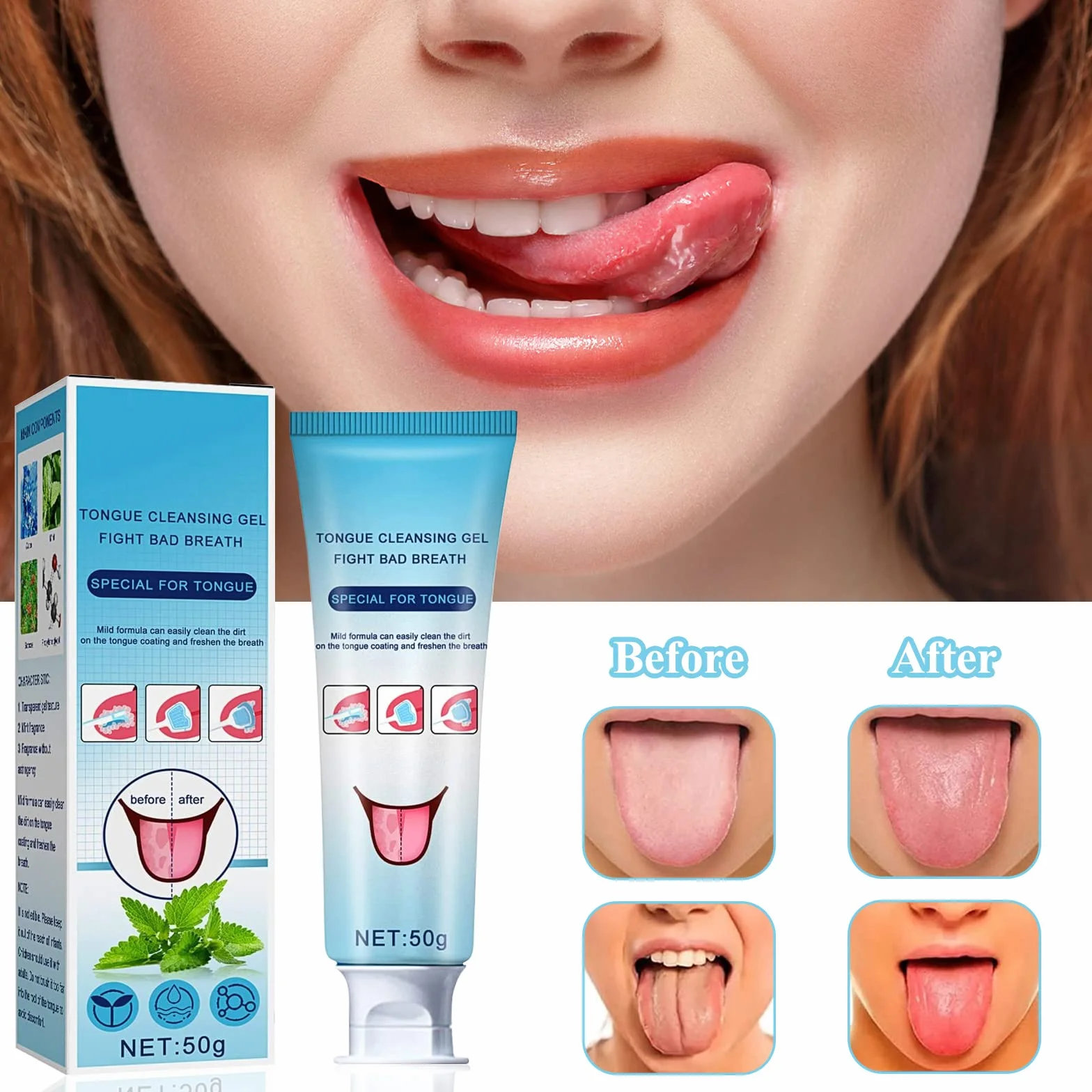 Pulisci Lingua 50g Gel + Spazzolino Lingua Pulitore Alitosi Fresh Breath Tongue Cleaner Oral Care
