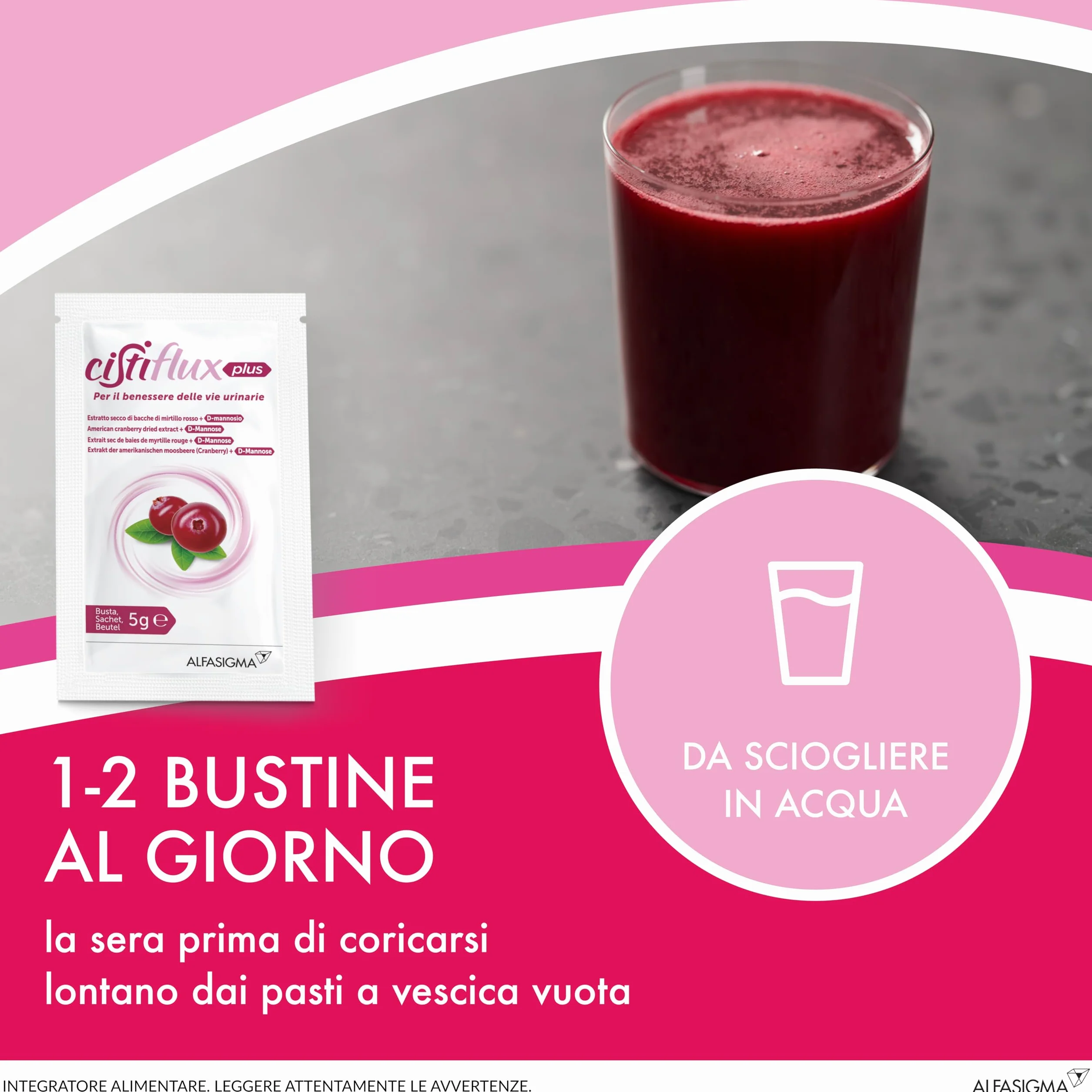 Cistiflux Plus Integratore Mirtillo Rosso Cranberry Americano D-Mannosio Vie Urinarie 14 Bustine Gusto Frutti di Bosco