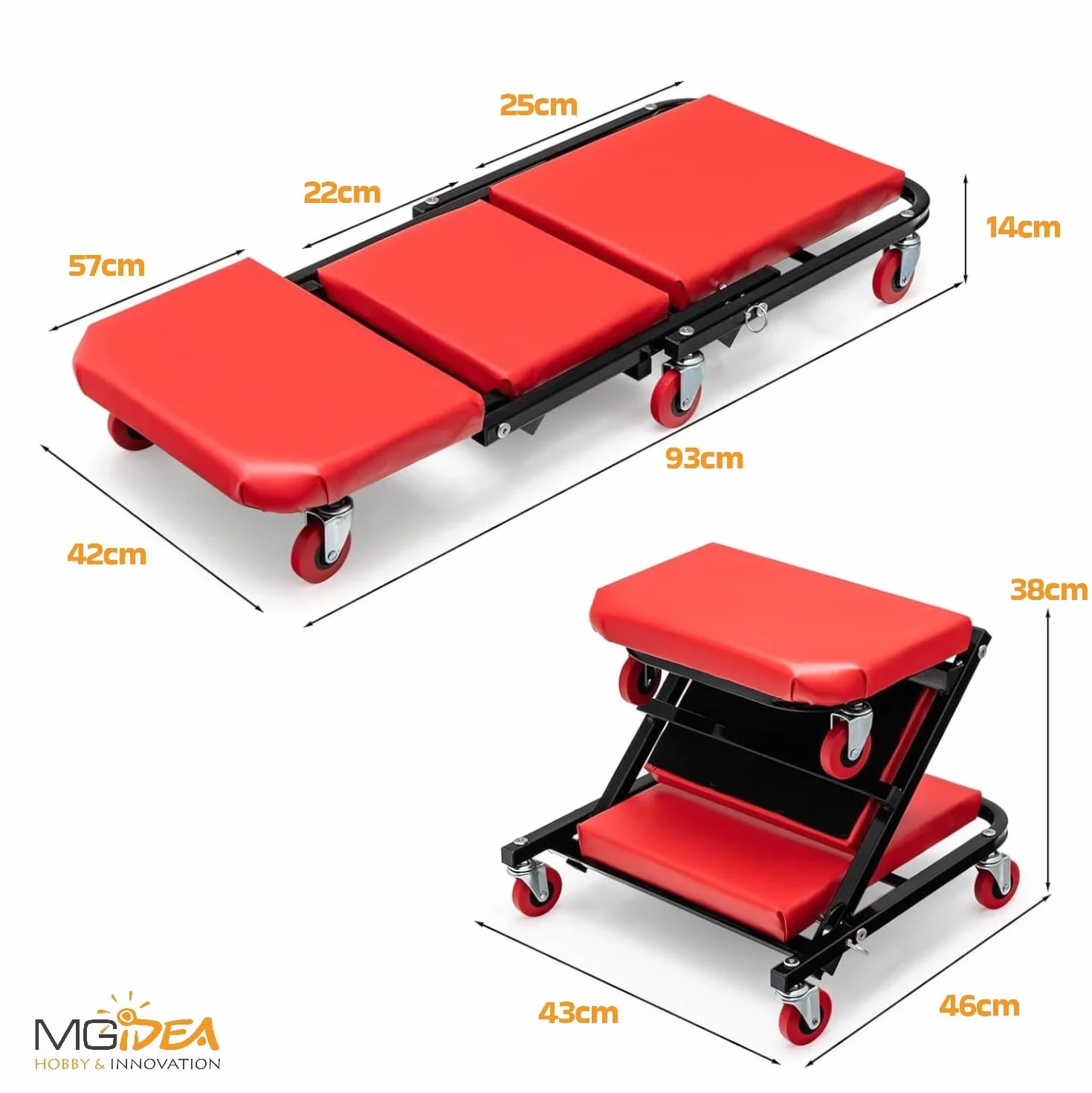 Lettino SOTTOAUTO Sgabello Carrello 2IN1 Officina Meccanico Riparazione Auto Manutenzione Professionale 90X41,5X12,5CM Portata 150KG