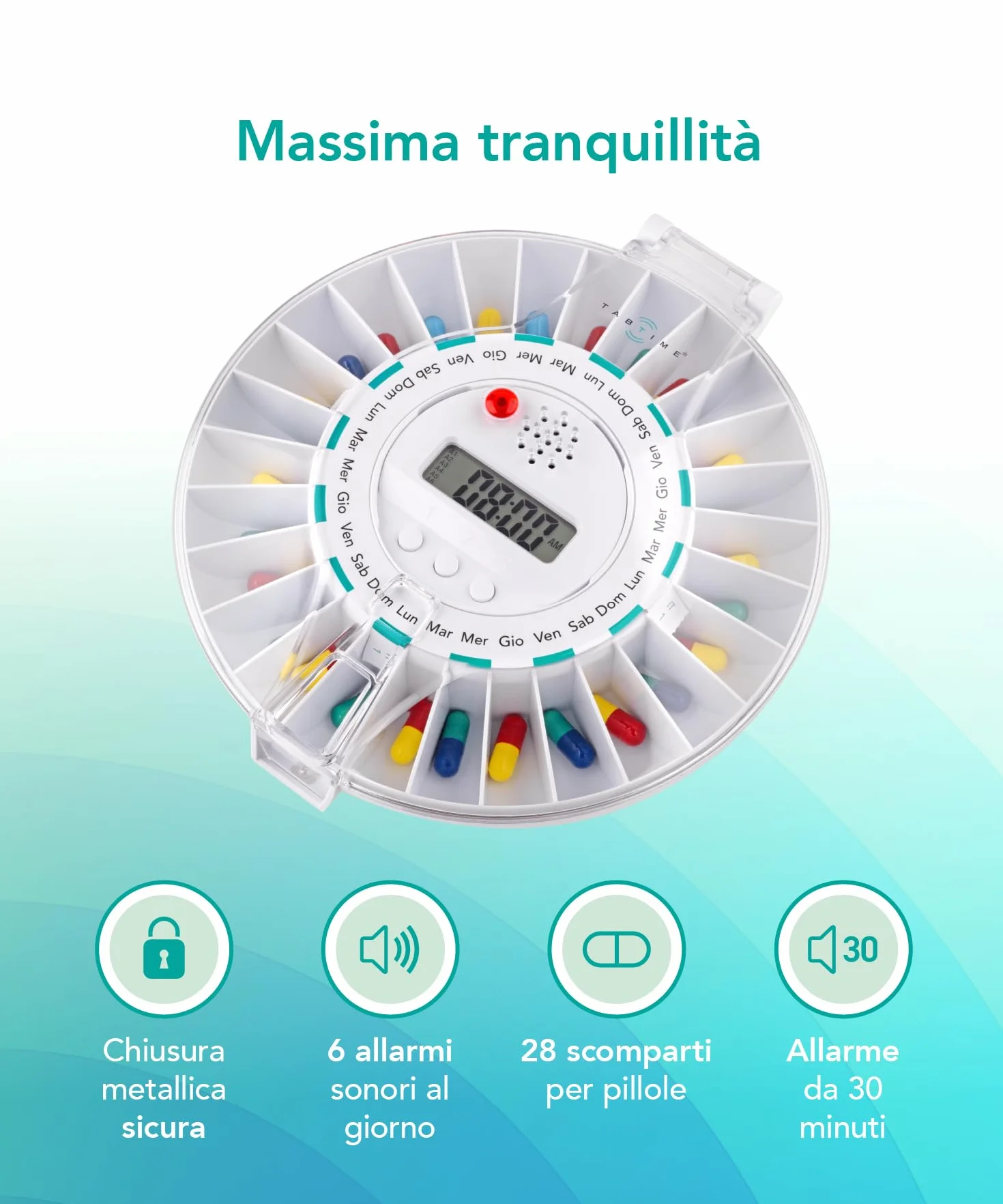 TabTime distributore di pillole automatico 6 timer al giorno coperchio trasparente bloccabile per anziani Alzheimer demenza senile