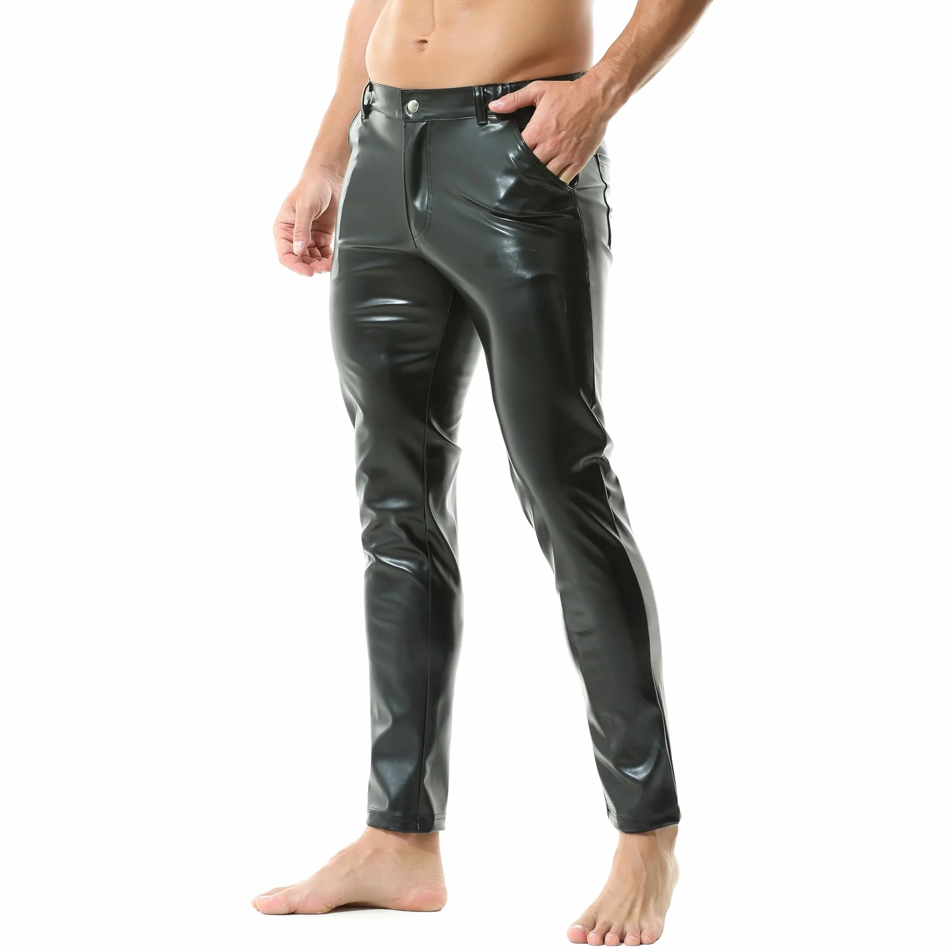YUFEIDA Leggings da uomo PU ecopelle look bagnato pantaloni lunghi con chiusura lampo tasche moto cosplay danza, Nero, L