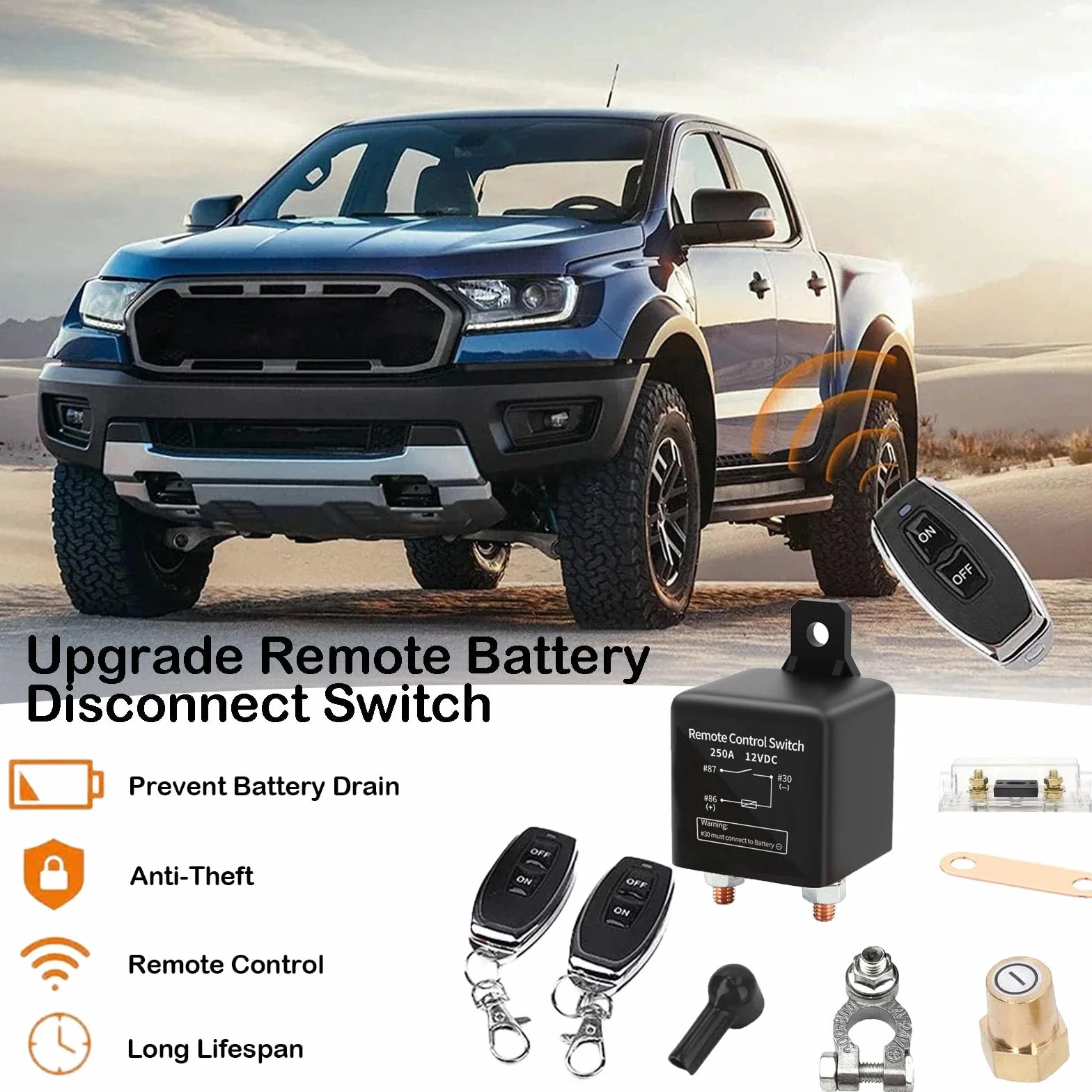 12V Interruttore Stacca Batteria Remoto Auto 12V 250A Interruttore Batteria Auto Prevenire lo Scarico Della Batteria con 2 Telecomandi Fobs Auto Interruttore di Uccisione Senza Fili