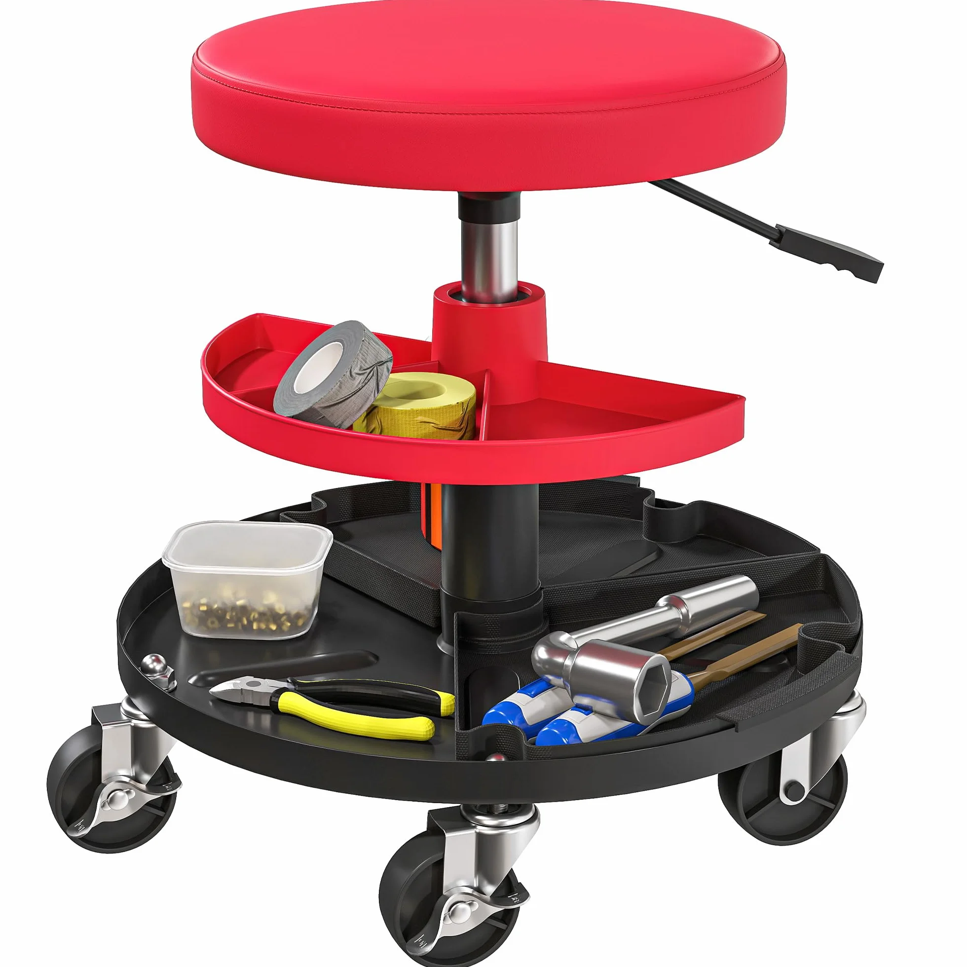 HOMCOM Sgabello da Officina con Ruote, Altezza Regolabile 40-51 cm, Sedile Imbottito, Capacità 135 kg, Rosso