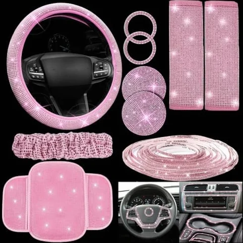 Set di copristerzo per auto con supporto per telefono in strass e sottobicchiere, set interno ultra-velluto da 10 pezzi per (rosa)