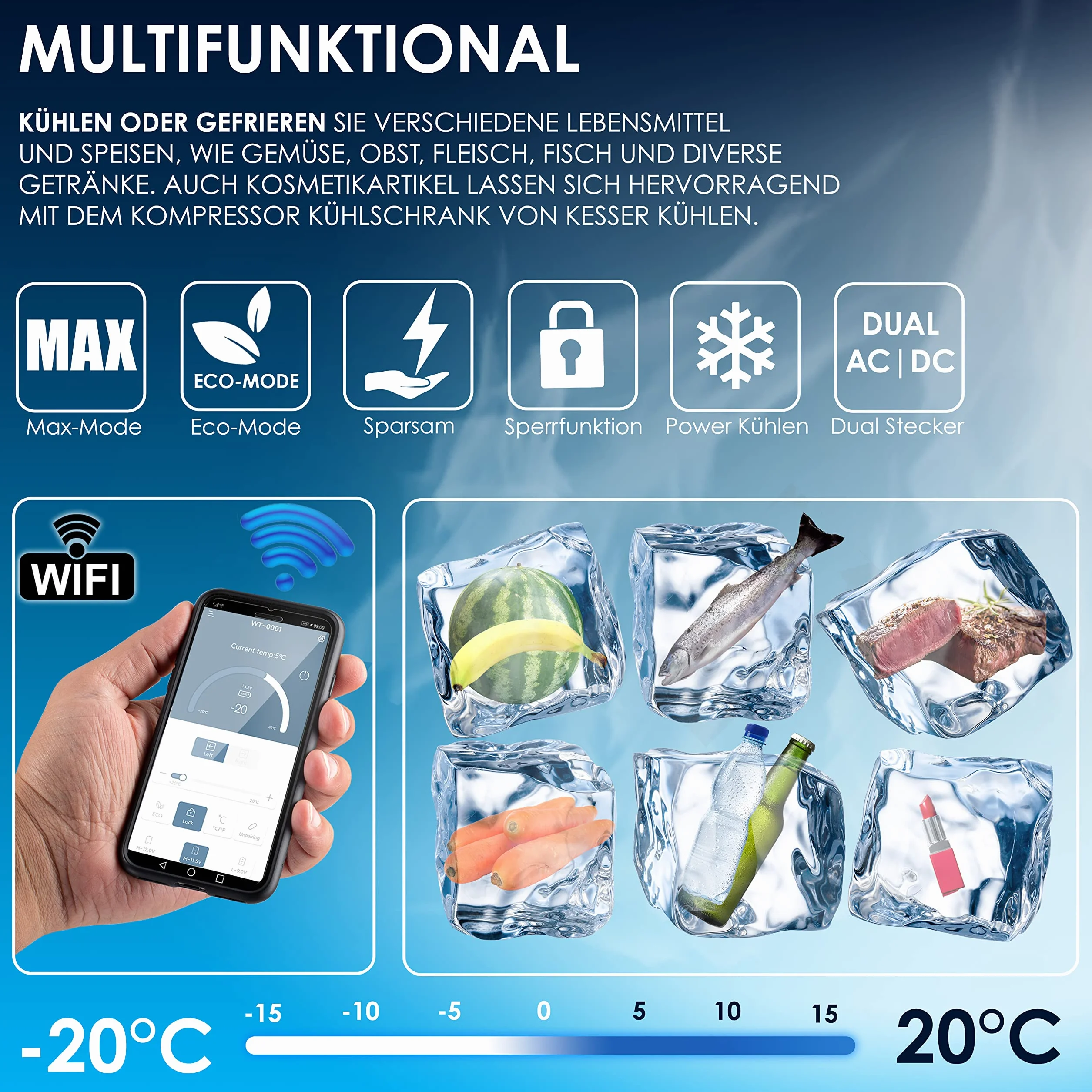 KESSER® Compressore Box congelatore elettrico Congelatore 42 litri, con controllo APP connessione USB 12/24 V 230V, +Telescopico Ruote Frigorifero raffreddamento a -20 ° C per auto, camion, barca