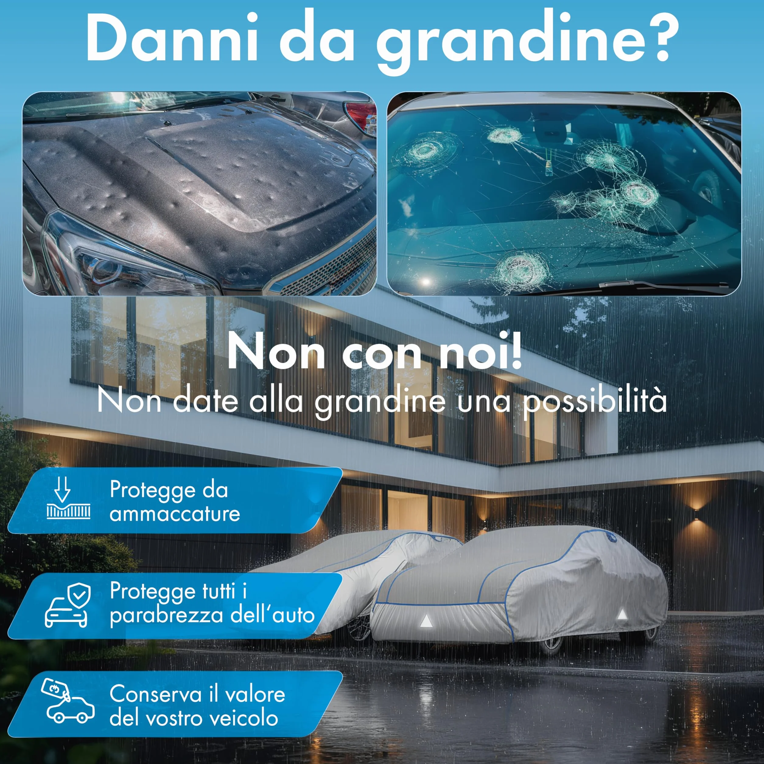 WALSER telo copriauto antigrandine, copertura antigrandine auto, copertura auto idrorepellente, copriauto completo per esterni, telo rivestimento veicolo veicolo M lunghezza max. 401-425 cm