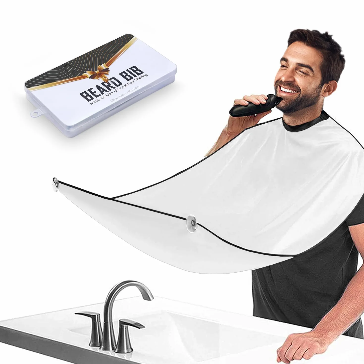 Grembiule da Barba Impermeabile Antiaderente con 2 Ventose Telo Barba da Specchio per Uomini Bianco