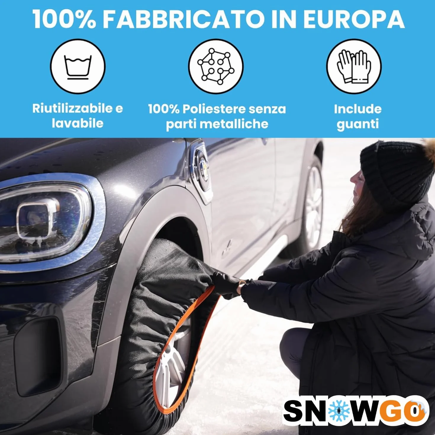 SNOWGO - Set di 2 calze da neve in tessuto - Taglie da M a XL - Omologate 16662-1 Europa - Compatibili con veicoli 4x4, veicoli elettrici, furgoni e veicoli commerciali <3,5T. (XL)