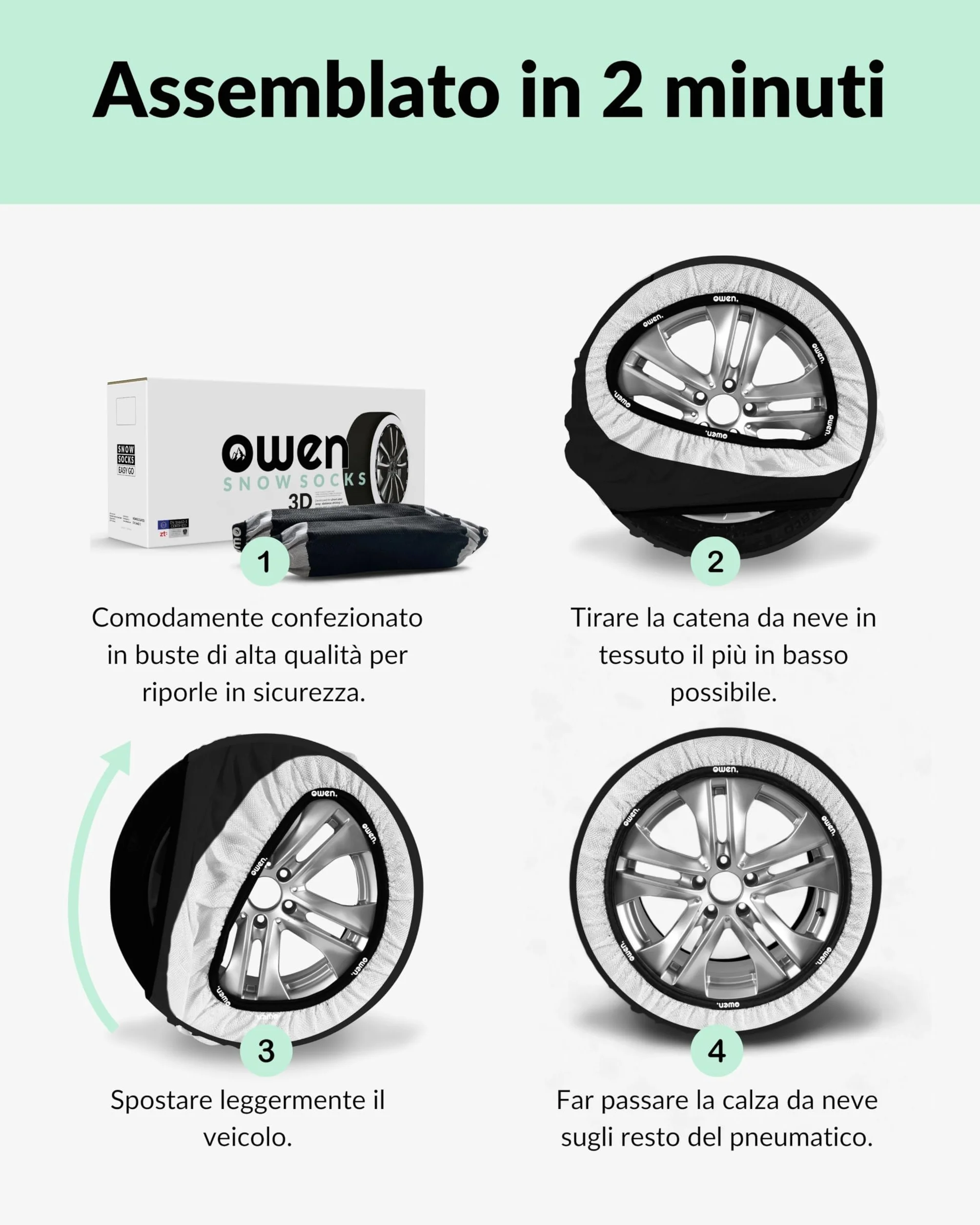 OWEN calze da neve XS-XXL | Certificato EN 16662-1 | Omologate Italia | Protezione cerchioni | Tessuto 3D antiscivolo | Compatibile ABS/ESP | Polipropilene resistente | Set 2 pezzi | Facili da montare