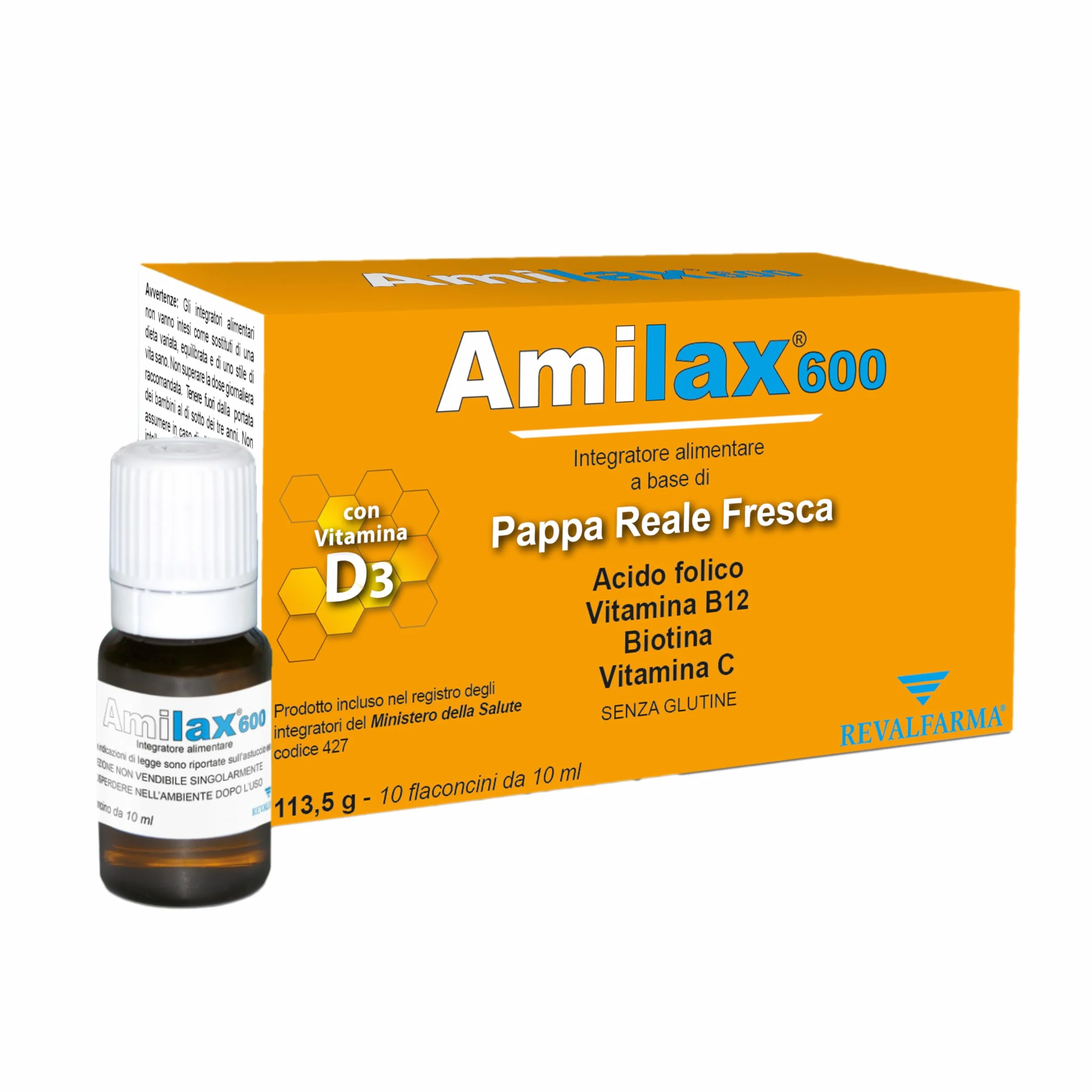 Amilax 600 Integratore Alimentare Pappa Reale Fresca Acido Folico Vitamina C D3 10 Flaconcini 10 ml