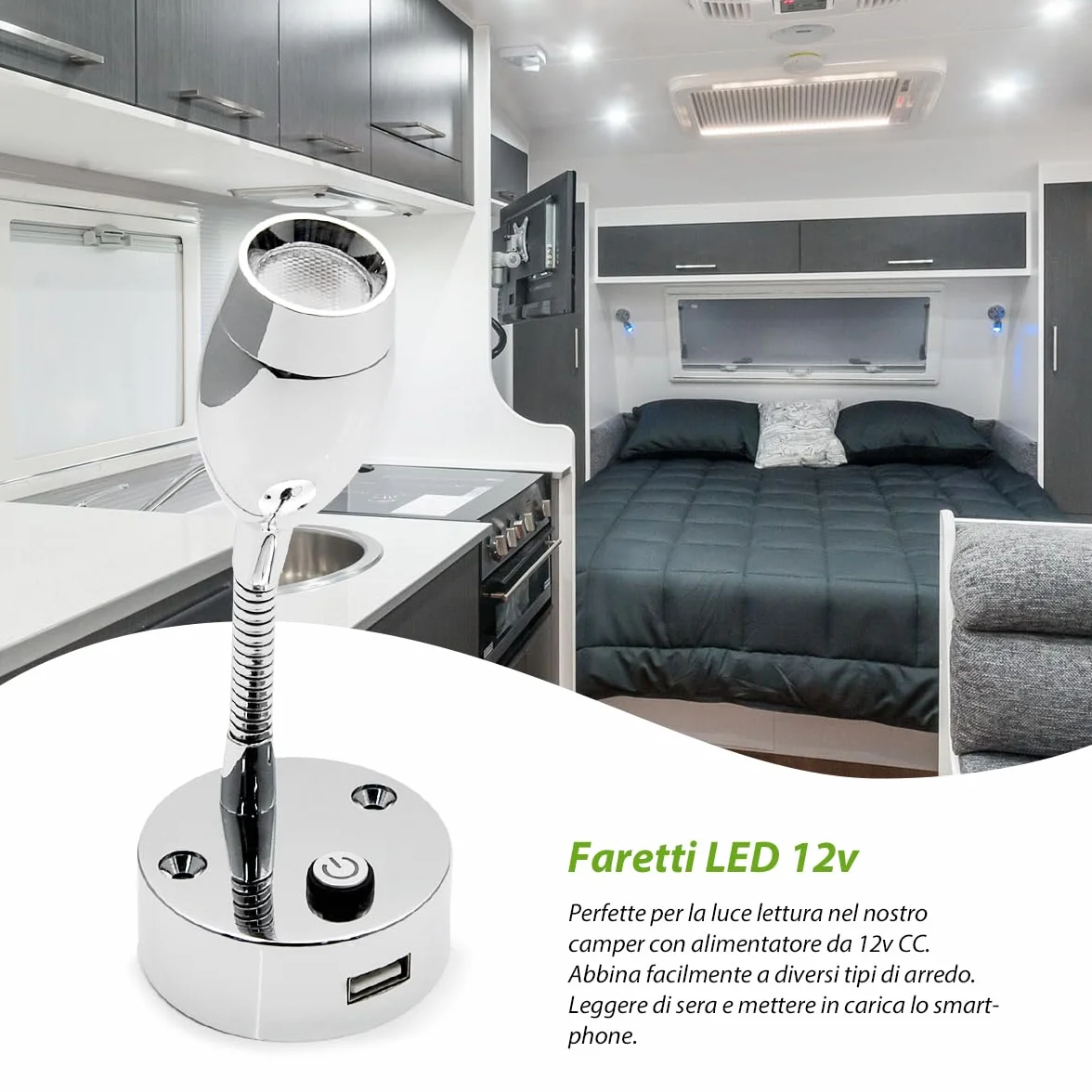 Dream Lighting Lampada da Lettura LED 12V con Presa USB Bicolore Bianco Caldo e Blu per Camper