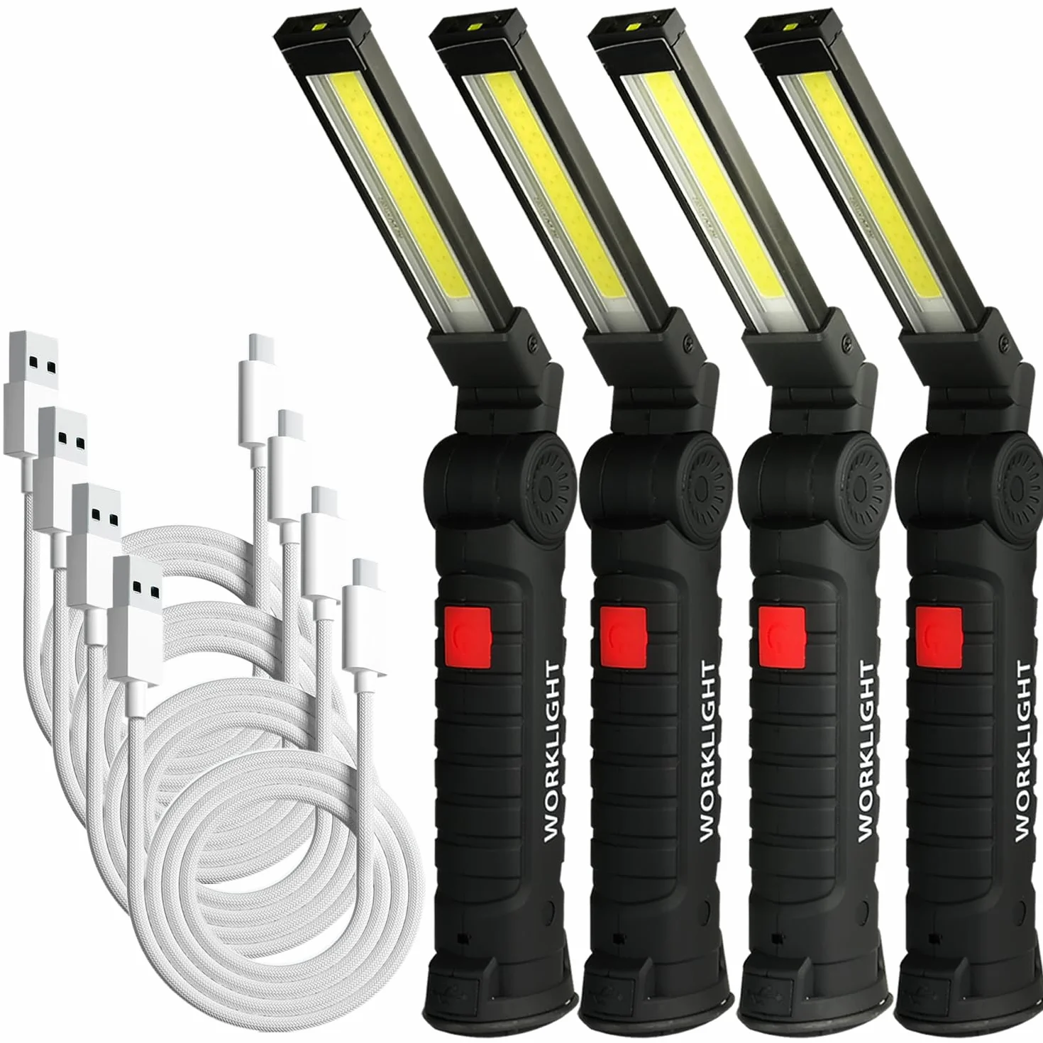 MU Torcia LED Ricaricabile Type-C, Lampada da Lavoro COB 360° Pieghevole con Base Magnetica Forte e Gancio, 5 Modalità Luce per Auto/Campeggio/Emergenza, 4 Pezzi