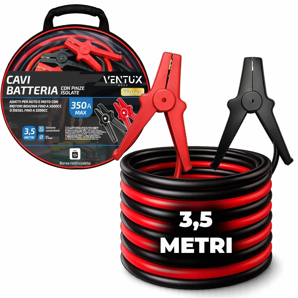 Cavi Avviamento Batteria Auto e Moto 350A 3,5m Sezione 30mm² Pinze Isolate PVC Borsa Nylon